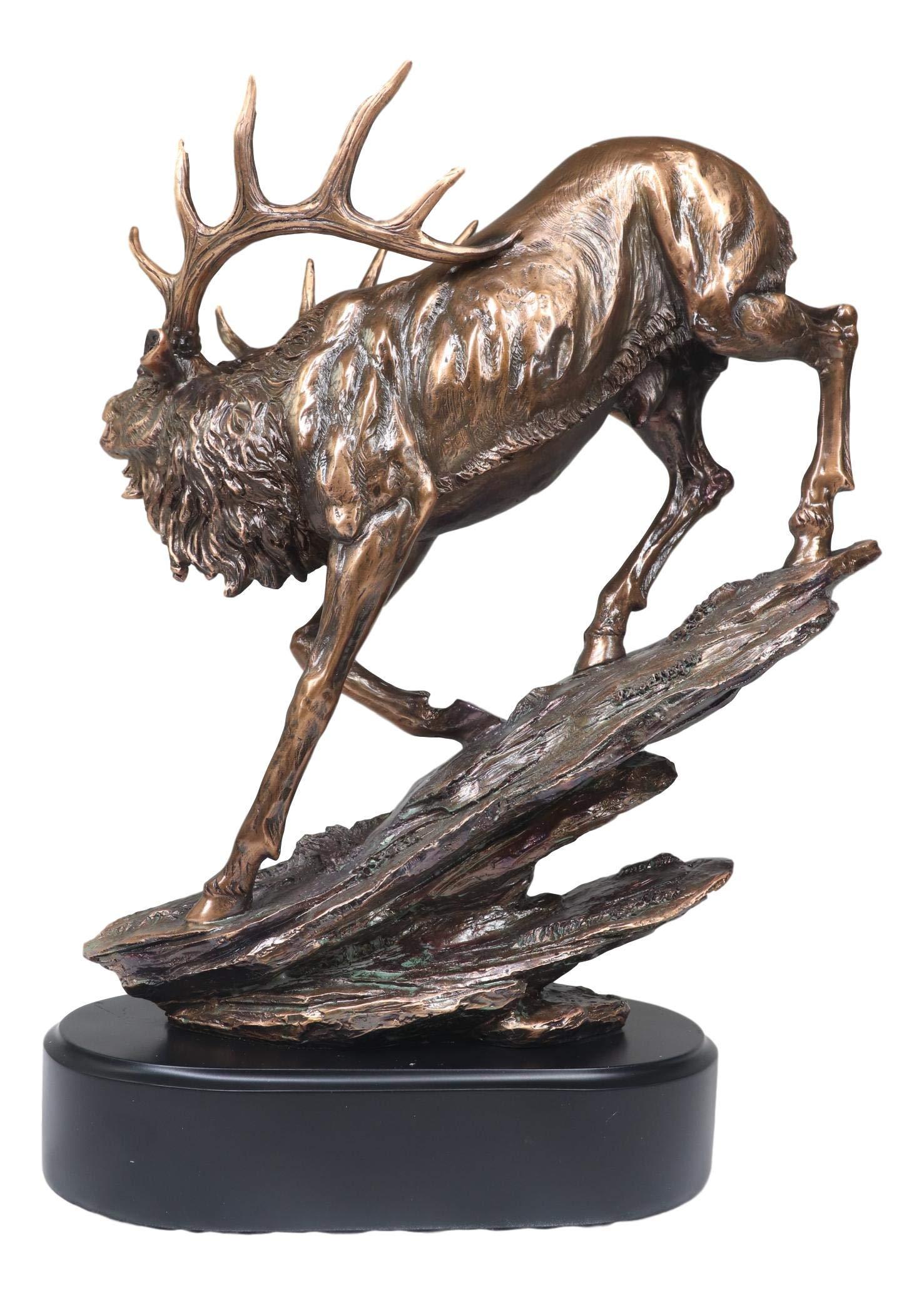 Ebros Gift Ebros Large Bellowing Wapiti Bull Elk Deer Descending Steep Rock Hill Rustic Statue in Bronze Electroplated Finish with Trophy Base Wildlife Deers Elks Hunters Cabin Lodge Figurine