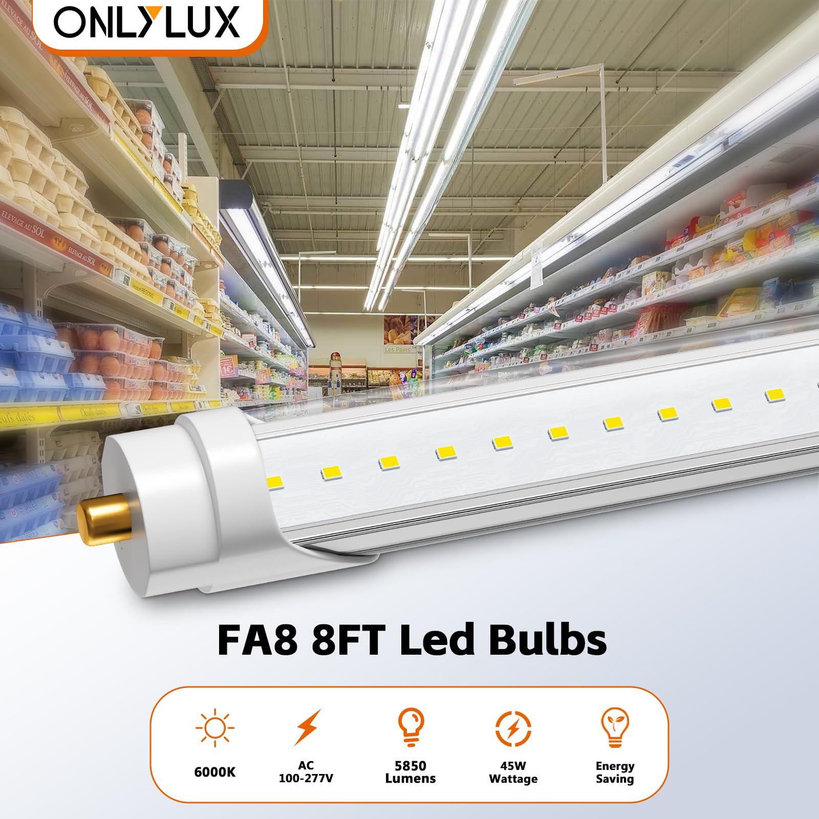 ONLYLUX ONLYLUX 8 Foot Led Lights, T8 96\" 45Watt FA8 Single Pin LED Shop Lights 5850LM, Ballast Bypass, 6000k, F96 8ft Led Bulbs Fluorescent Replacement,Workshop, Warehouse, Clear Cover(12 Pack)