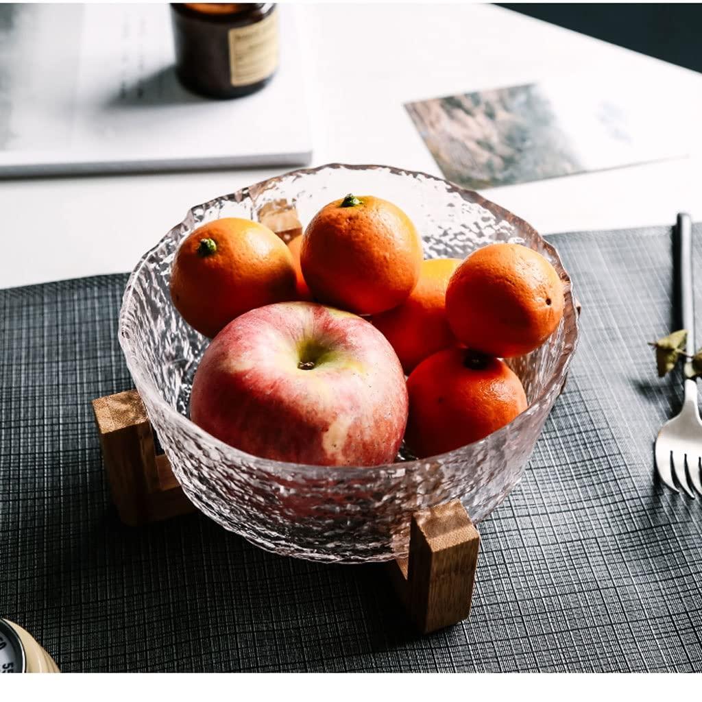 VIORED Creative Salad Bowl Salad Bowl Glass Transparent Hammer Pattern Home Vegetable Fruit Dessert Bowl Crystal Salad Bowl with Wooden Stand Dessert Snack Serving Bowls (Color : B2pc)