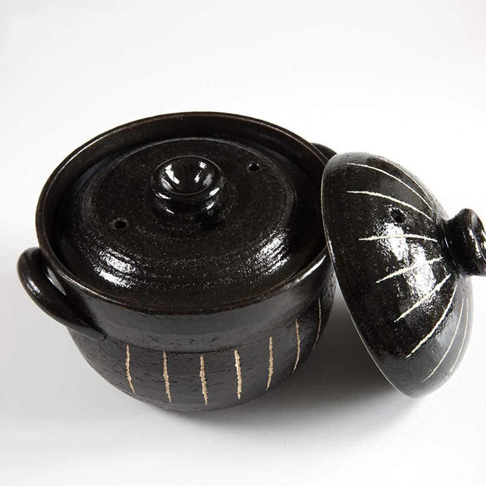 ZJXDPBF Round Stove Stew Japanese Donabe Stone Rice Pot with Double Lid Clay Rice Cooker Soup Pot Stoneware Heat Resistant Ceramic Casserole Black 17 x 15.5 cm (7 x 6 inches)