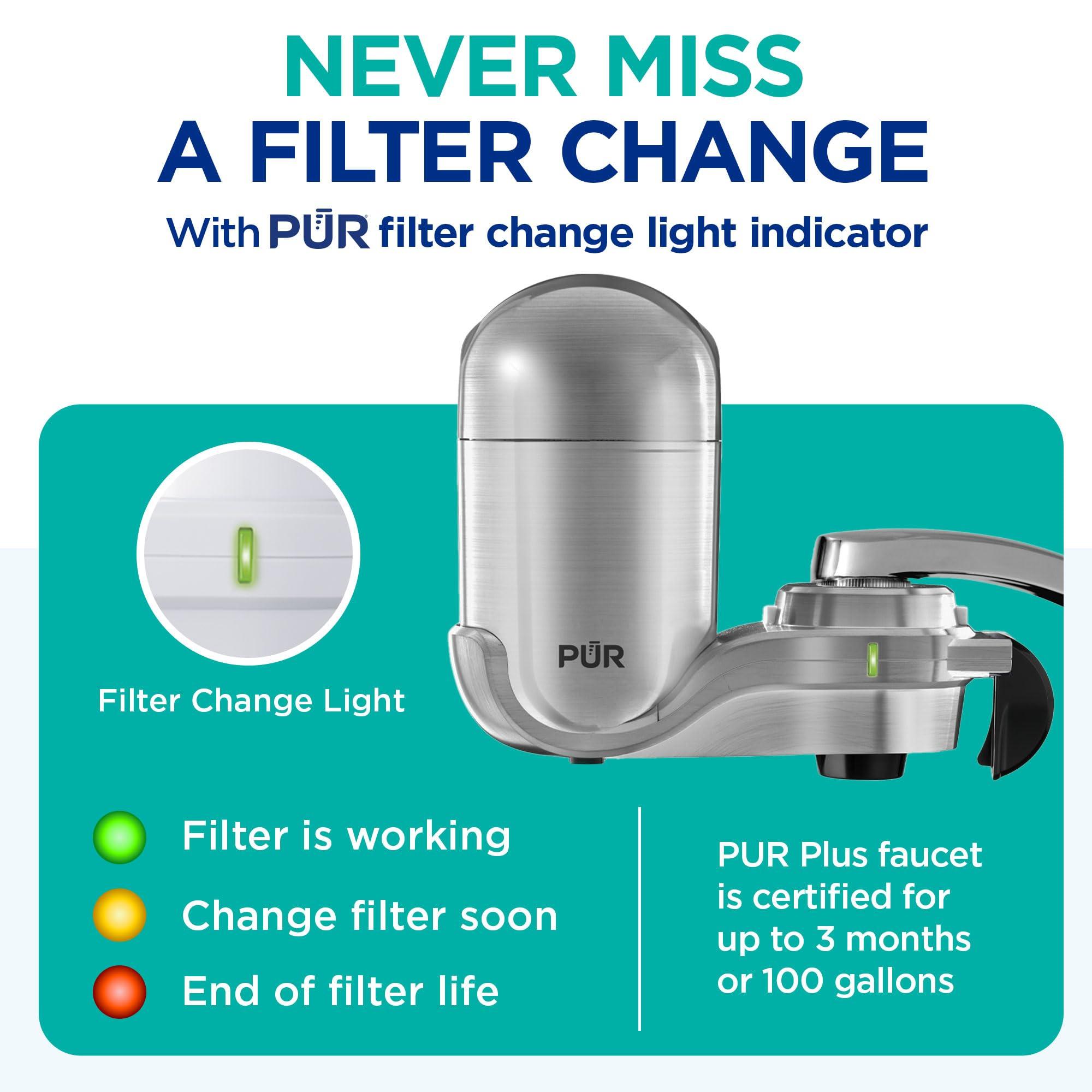 PUR PUR PLUS Vertical Faucet Mount Water Filtration System with 3-in-1 Lead Reducing Filter for Great-Tasting Filtered Tap Water, Lasts 100 Gallons, Fits Most Kitchen or Bathroom Faucets, Stainless Steel