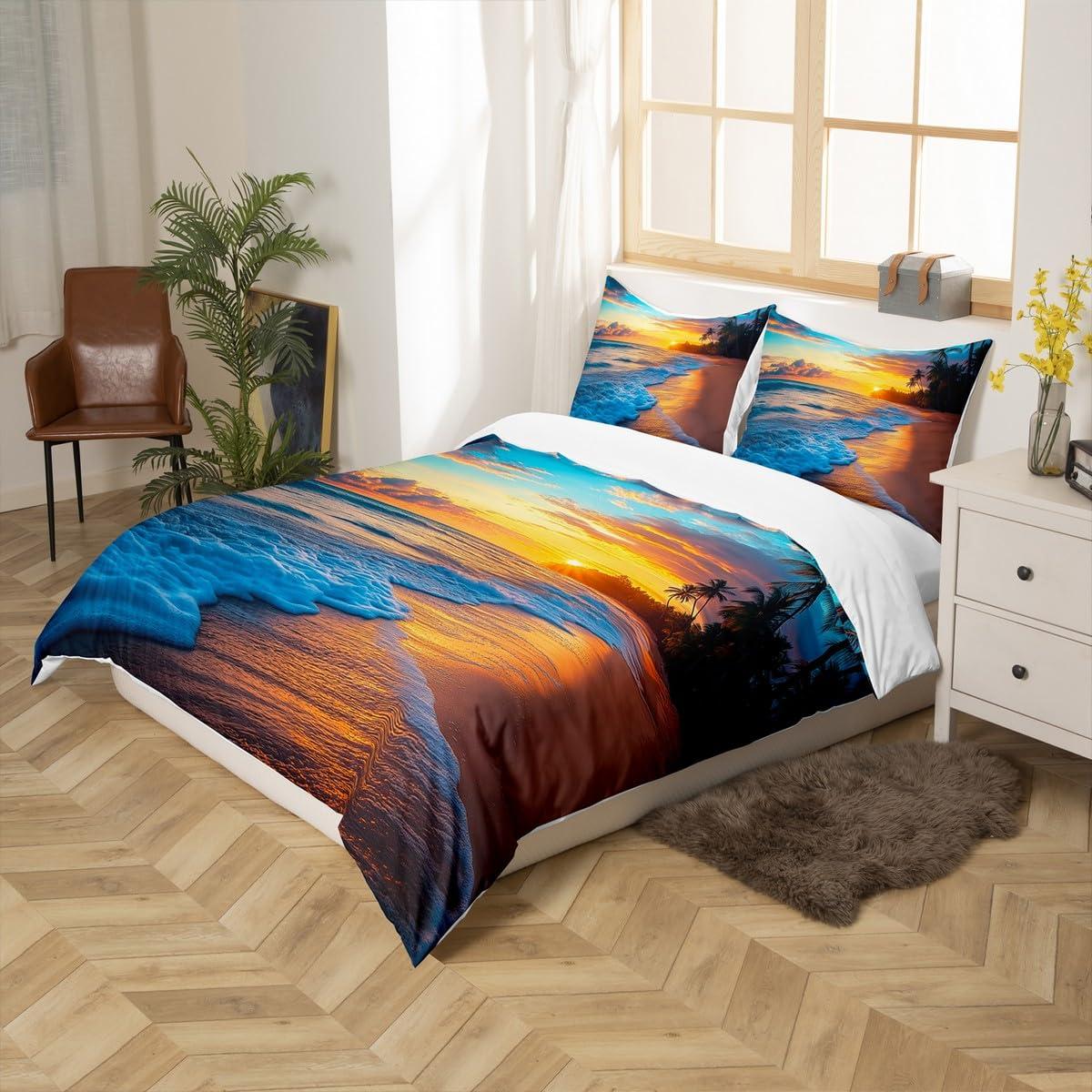 Erosebridal Beach Duvet Cover Full Ocean Bedding Kids Girls Boys Hawaiian Sea Waves Comforter Cover Tropical Sunset and Sea Beach Nature Theme Print bedding Botanical Beach House Decorative Bedspread with Zipper