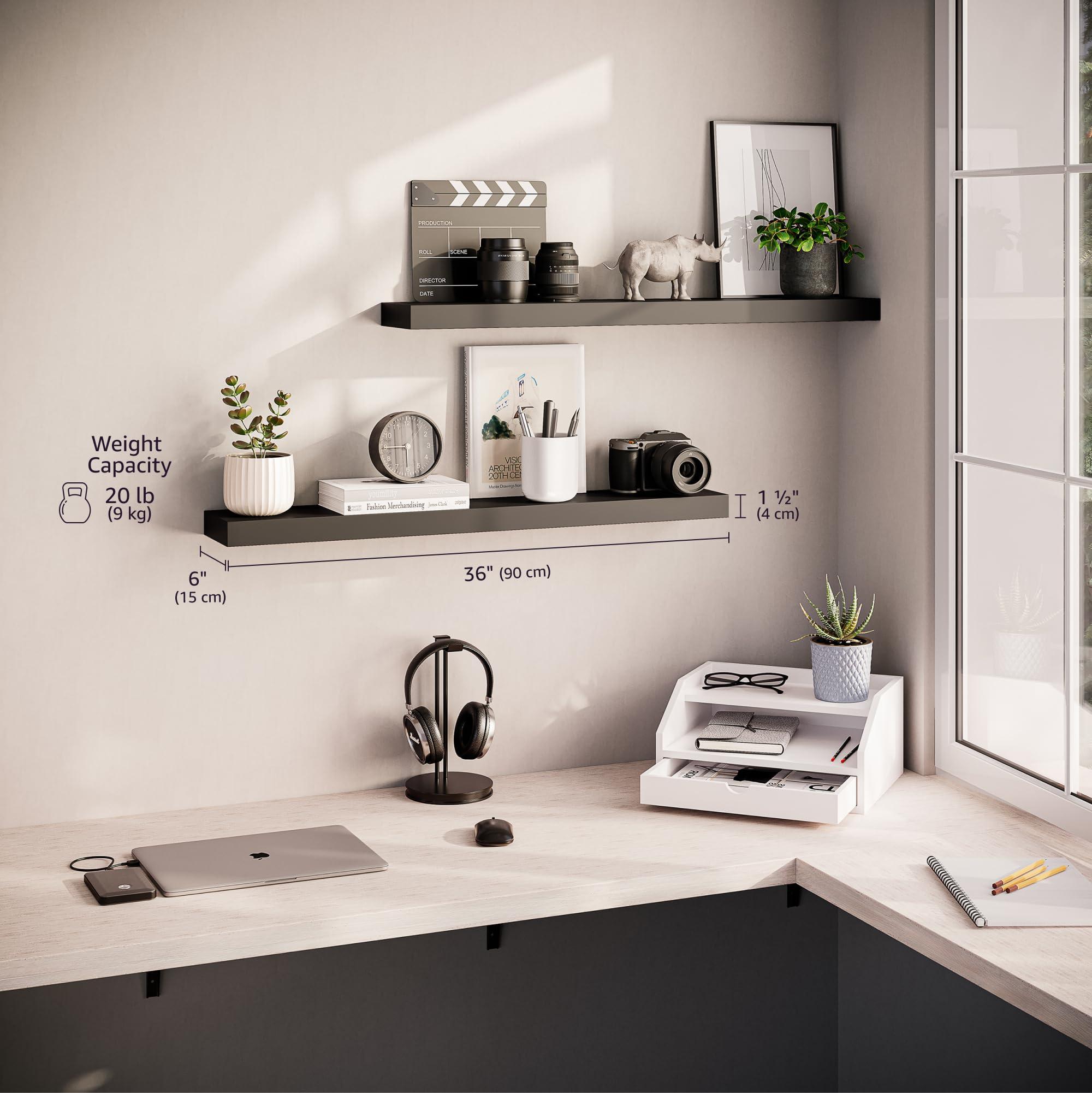 Ballucci Ballucci Floating Shelves, 36" Wood Wall Shelf Set of 2, with Invisible Brackets for Bathroom, Living Room, Bedroom, Kitchen, Nursery, 6" Deep, Black