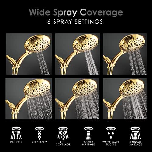 Wellness & Co Aquarius Gold Shower Head With Handheld Sprayer, 6 Spray Settings High Pressure Polished Brass Shower Head With Hose (Extra Long) & Adjustable Brass Ball Bracket Kit, Shower Head Gold Finish