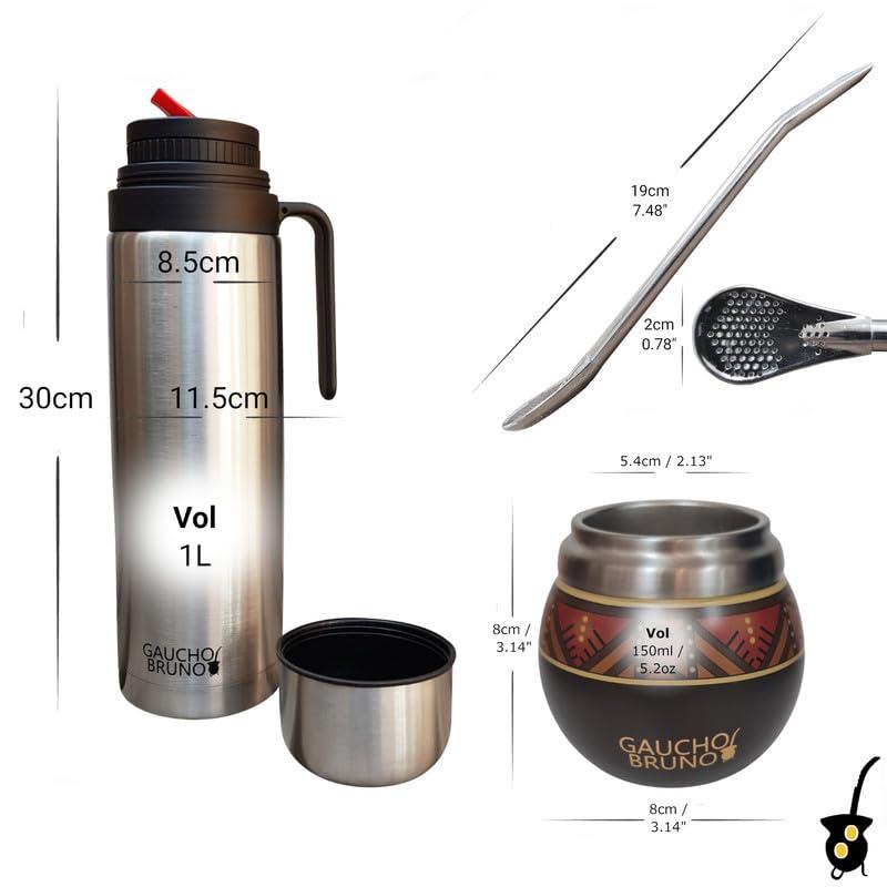 Gaucho Bruno Gaucho Bruno - Stainless Steel Mate to Drink Yerba Mate | Maintains Drink Temperature | Designed to Look Like a Natural Gourd | With Bombilla and 1 Litre Flask with Precision Pour Spout pico Cebador