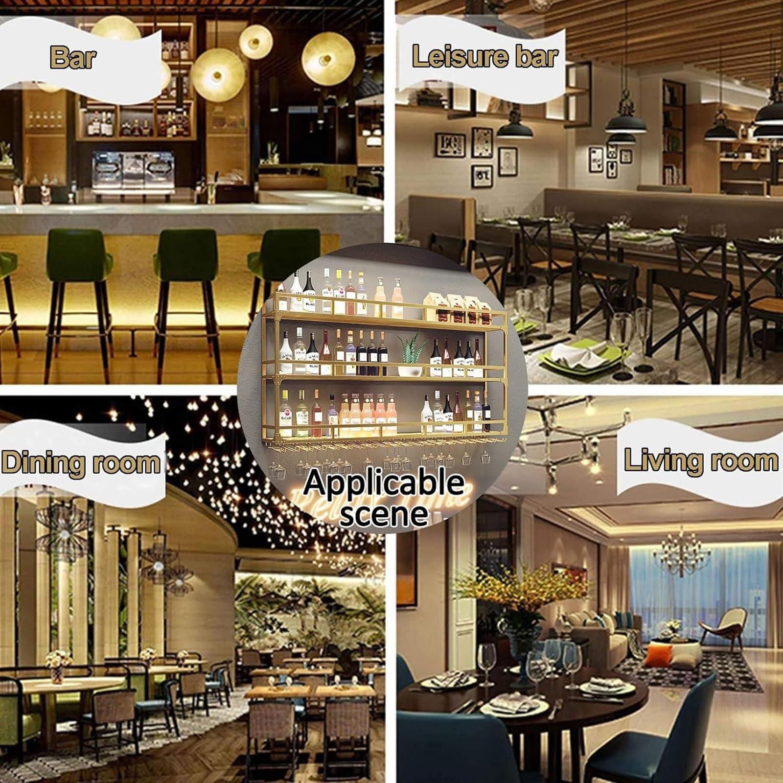 JOSKAA Wall Mounted Wine Rack with LED Light, Metal Floating Shelves for Liquor Bottles & Wine Glasses, Multi Functional Storage Shelf Wine Storage Display Rack for Home, Restaurant, Bars,Gold-150x25x55CM