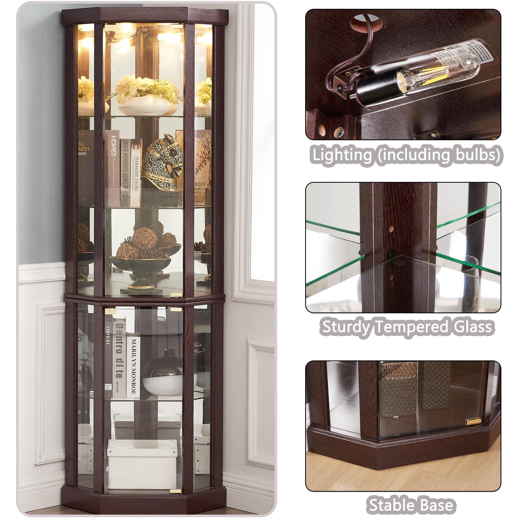 XZTUAJ XZTUAJ 69" H Lighted Corner Curio Cabinet Display Case With Adjustable Shelves, Tempered Glass, Mirrored Back Panel for Living Room (Dark Cherry)