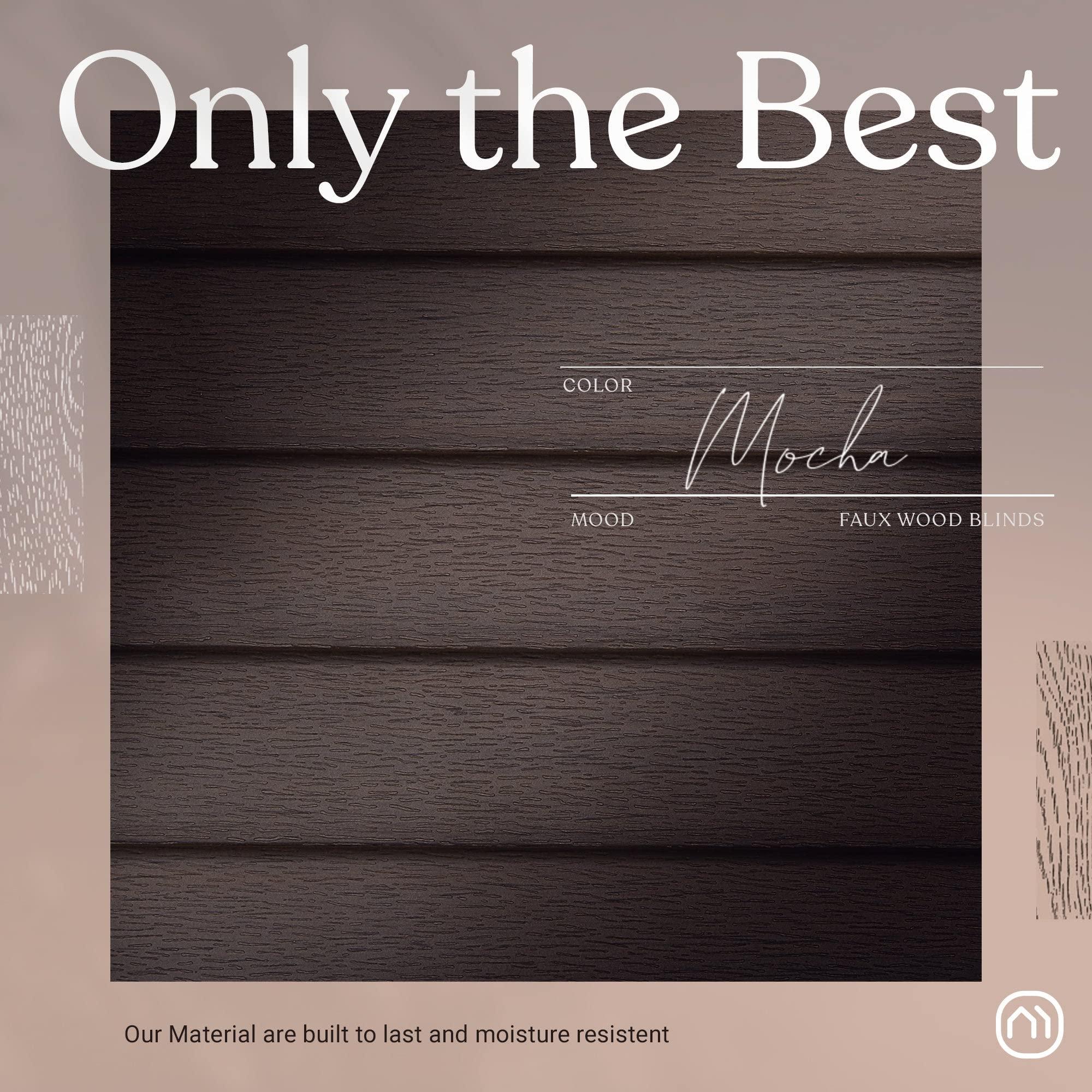 Mood MOOD Architectural 2.5" Faux Wood Window Blinds | Driftwood Brown 2.5 inch Mocha Wooden Blinds | 46.5 inch Wide Blinds for Windows | Custom Made Cordless Blackout | Mocha | 46.5" Wide x 72" Tall