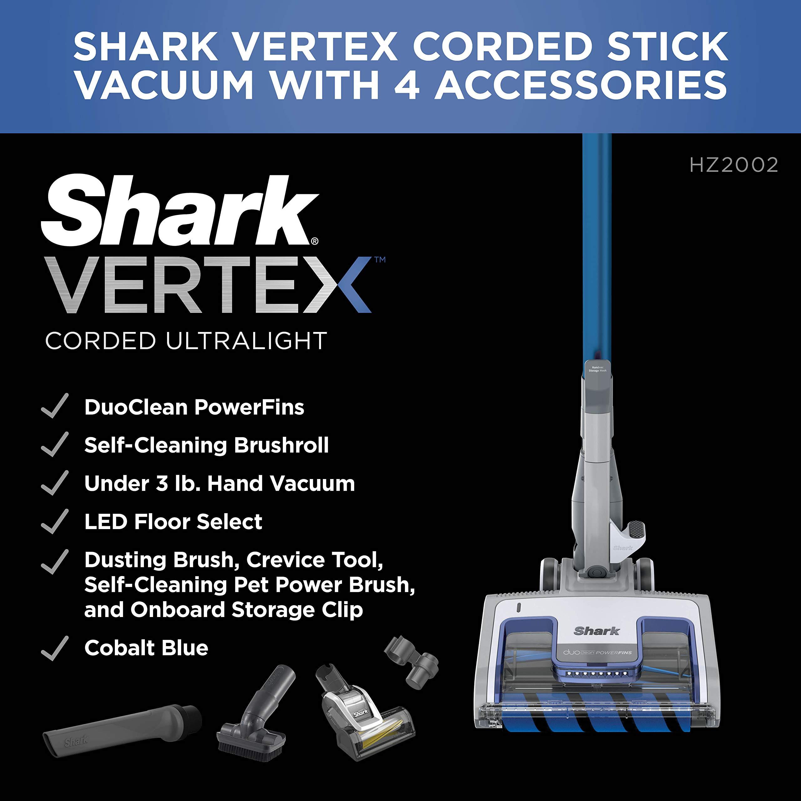 Shark Shark HZ2002 Vertex Ultralight Corded Stick DuoClean PowerFins & Self-Cleaning Brushroll, Perfect for Pets, Removable Hand Vacuum, Upholstery Tool, Dusting & Power Brushes, Cobalt Blue