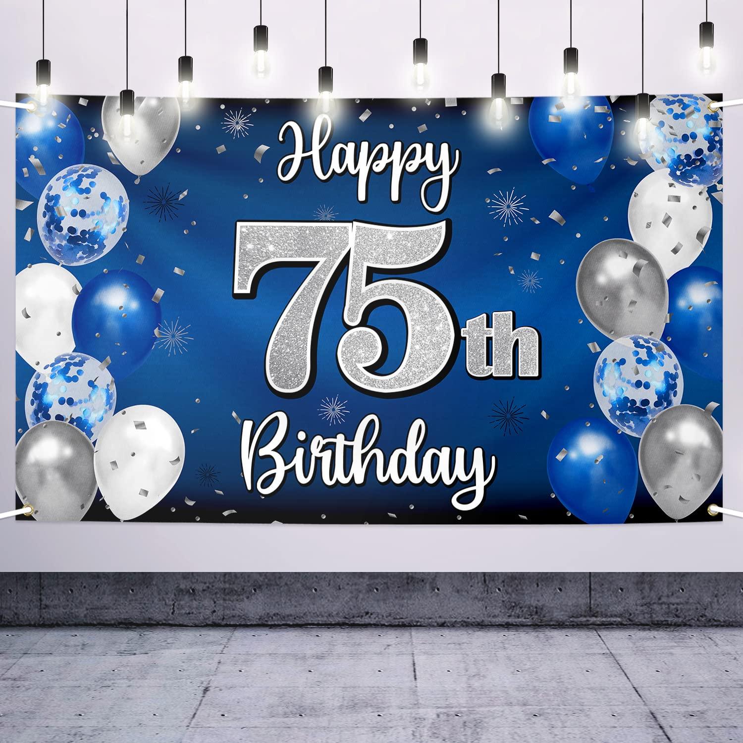 Nelbiirth Nelbiirth Happy 75th Birthday Decorations,75th Blue & Silver Balloon Large Birthday Banner Backdrop Sign,75th Bday Party Supplies.