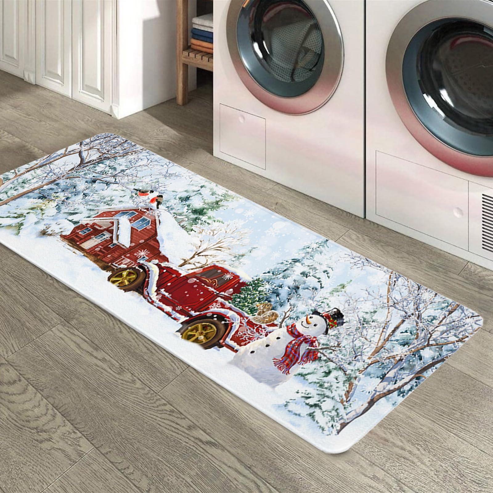 Chucoco Farm Christmas Kitchen Floor Mats, Red Barn House Truck with Snowman 2 PCS Anti Fatigue Area Runner Rugs Set Winter Forest Non-Slip Bathroom Comfort Standing Mat Home Decor