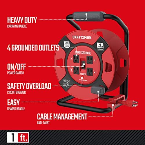 Craftsman CRAFTSMAN Retractable Extension Cord Reel 1 Ft. With 4 Outlets, Cable Management & Heavy Duty 14AWG SJTW Cable