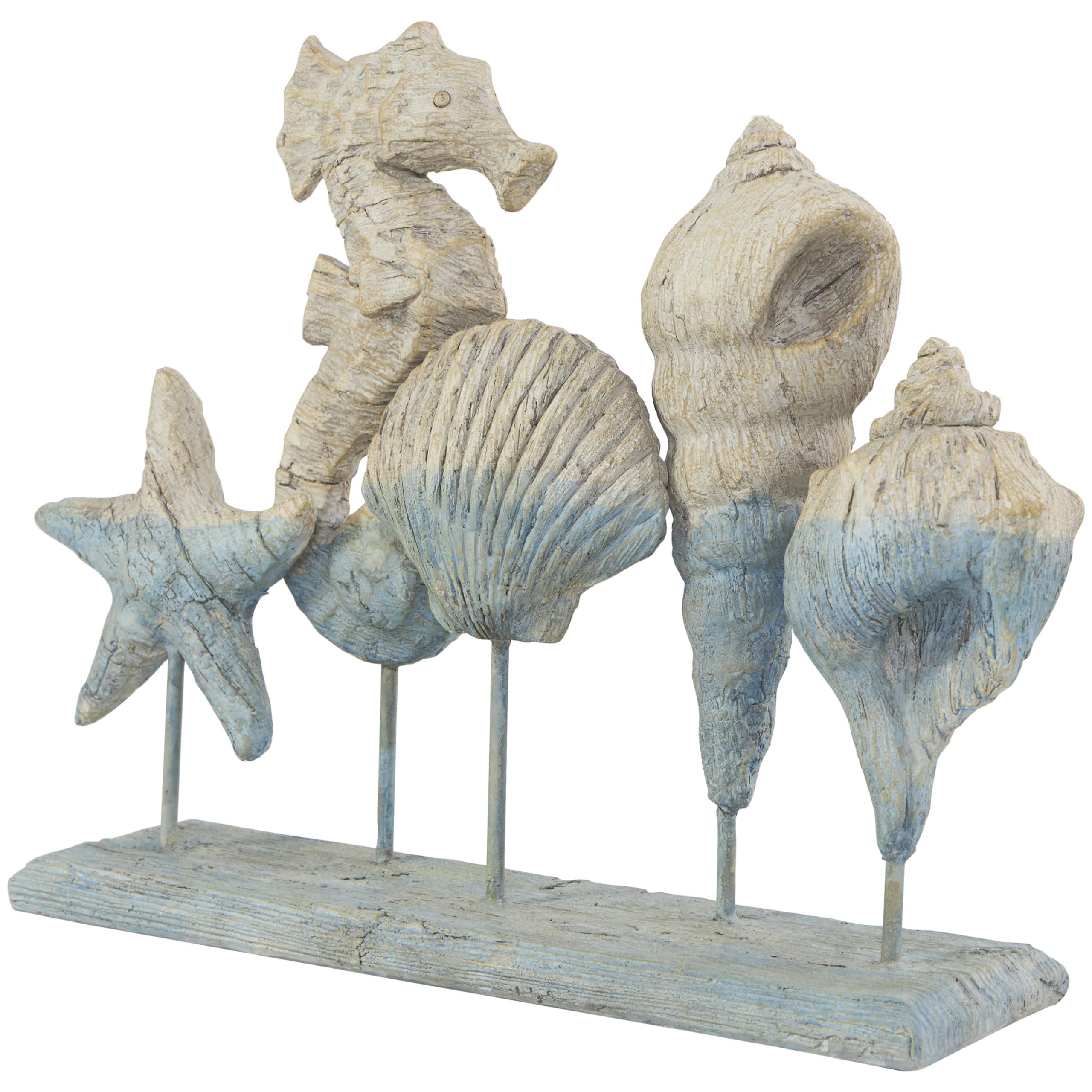 Deco 79 Deco 79 Polystone Shell Decorative Sculpture Textured Ombre Home Decor Statue with Seahorse Accent, Accent Figurine 14" x 4" x 11", Light Blue