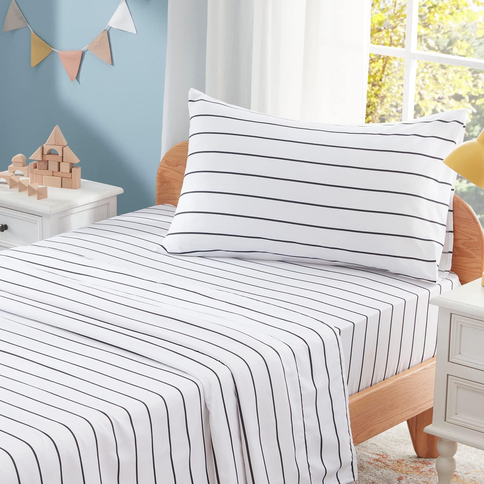 Homiest Homiest 3pcs White and Black Sheets Twin Size Bed Set Microfiber Sheet Set, Horizontal Stripe Bed Sheets Cute Soft Bedding Set, Deep Pocket Twin Sheets Stripe Printed Sheets for Kids Teen Boys Adults