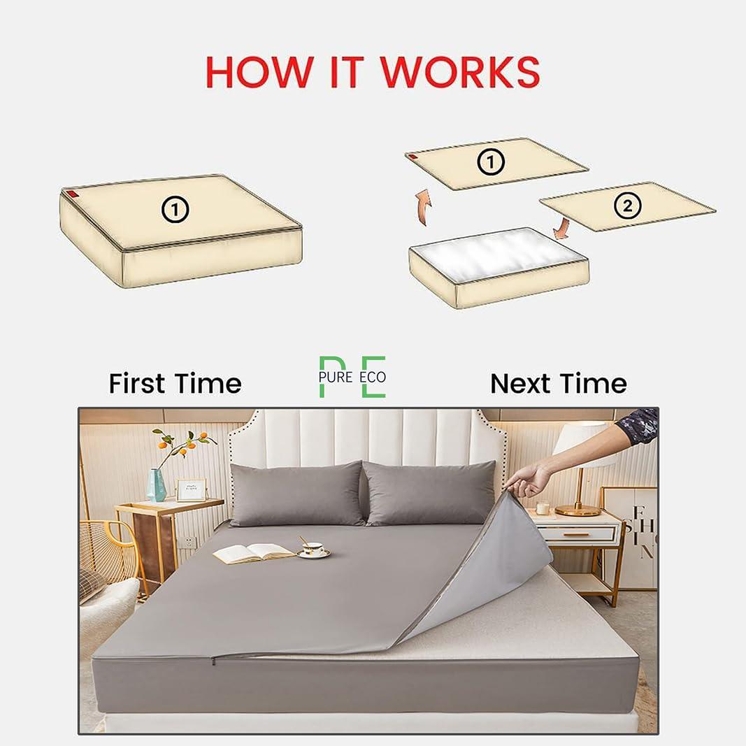 PURE ECO Zipper Fitted Sheet - includes 1 Fitted Sheet Base & 2 Zip-On Sheets - UPTO 16 in. Deep Pockets Queen Size Zipper Fitted Sheet - Easy to Change, Sateen Cotton 600 TC Fitted Sheet - Purple