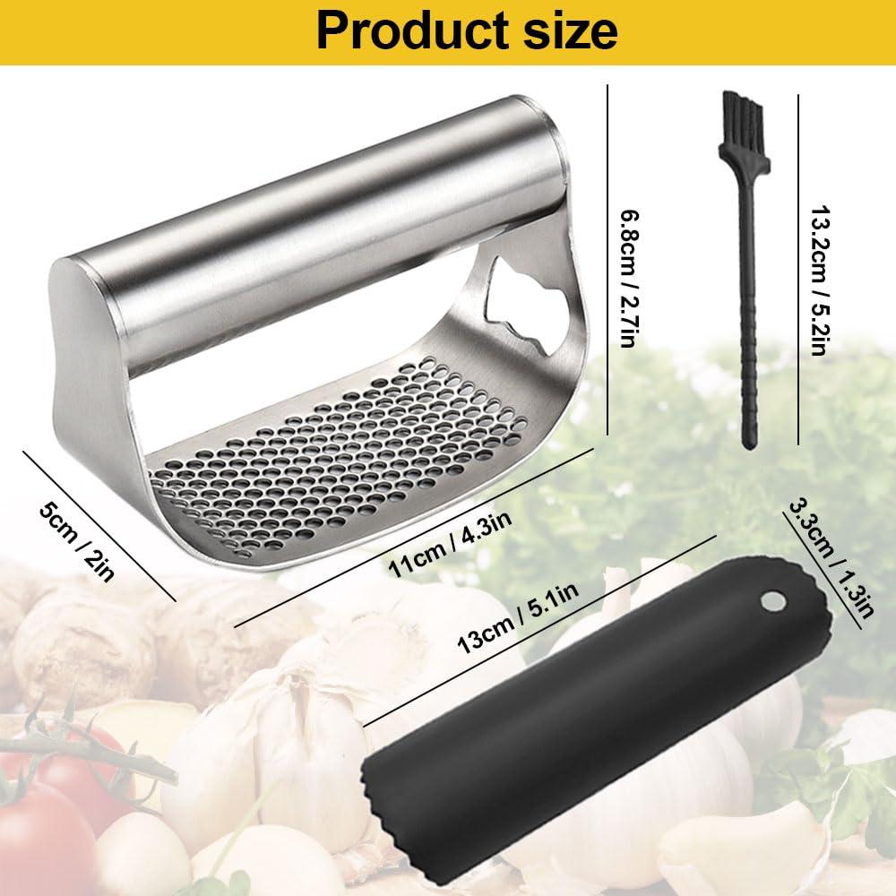 HOAIME Stainless Steel Garlic Press, 2024 Upgraded Garlic Press Rocker Garlic Crusher, Multifunctional Garlic Chopper with Peeler and Cleaning Brush Kitchen Gadgets (D)