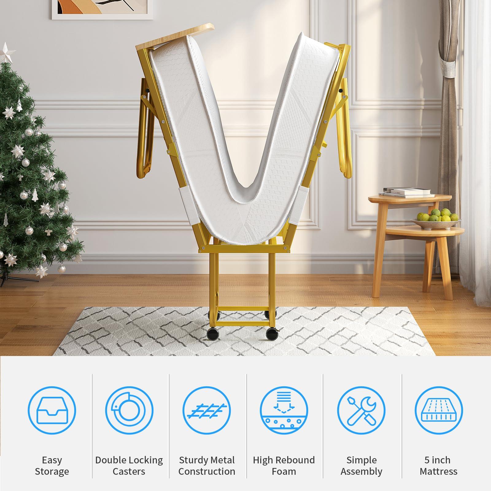 PUREMIND PUREMIND Folding Bed with 5 Mattress & Baffles, Twin Size 75x 45 Portable Bed Rollaway Beds for Adults, Fold up Bed with Metal Frame Space-Saving Guest Bed for Living Room/Apartment/Office