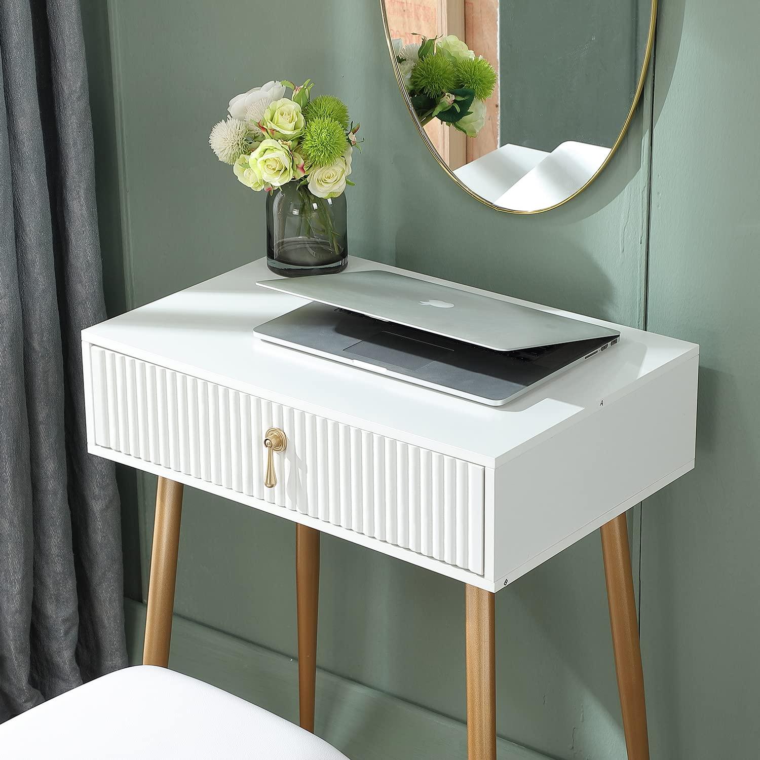 LUKYRA LUKYRA Small Vanity Desk with Drawers,Fluted Compact Makeup Table with Storage, Mini White and Gold Dressing Table (Without Mirror and Stool)