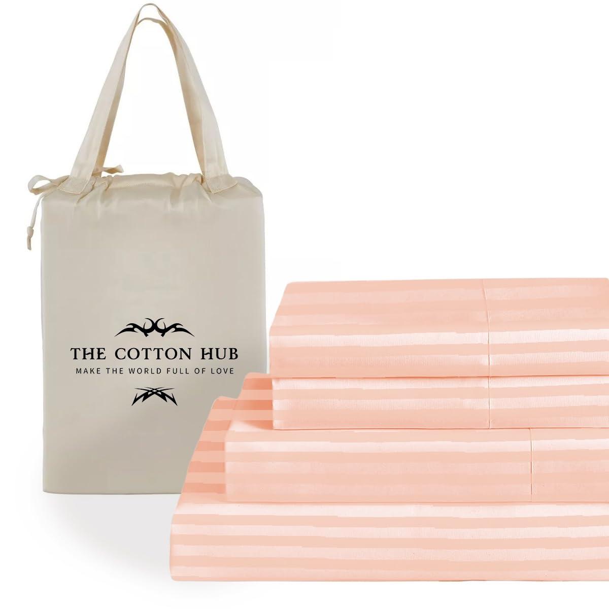 The Cotton Hub Cal-King Size 4-Piece Sheet Set 600 Thread Count Premium Soft Combed Cotton Bed Sheets fits up to 14-16 inch Deep Pocket (Stripe, Peach)