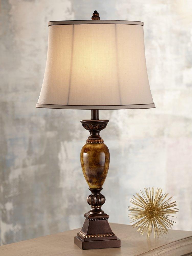 kathy ireland kathy ireland Mulholland Traditional Table Lamp 30\" Tall Brown Gold Faux Marble Aged Bronze Off-White Fabric Oval Shade Decor for Bedroom Living Bedside Nightstand Home Office Kids Room