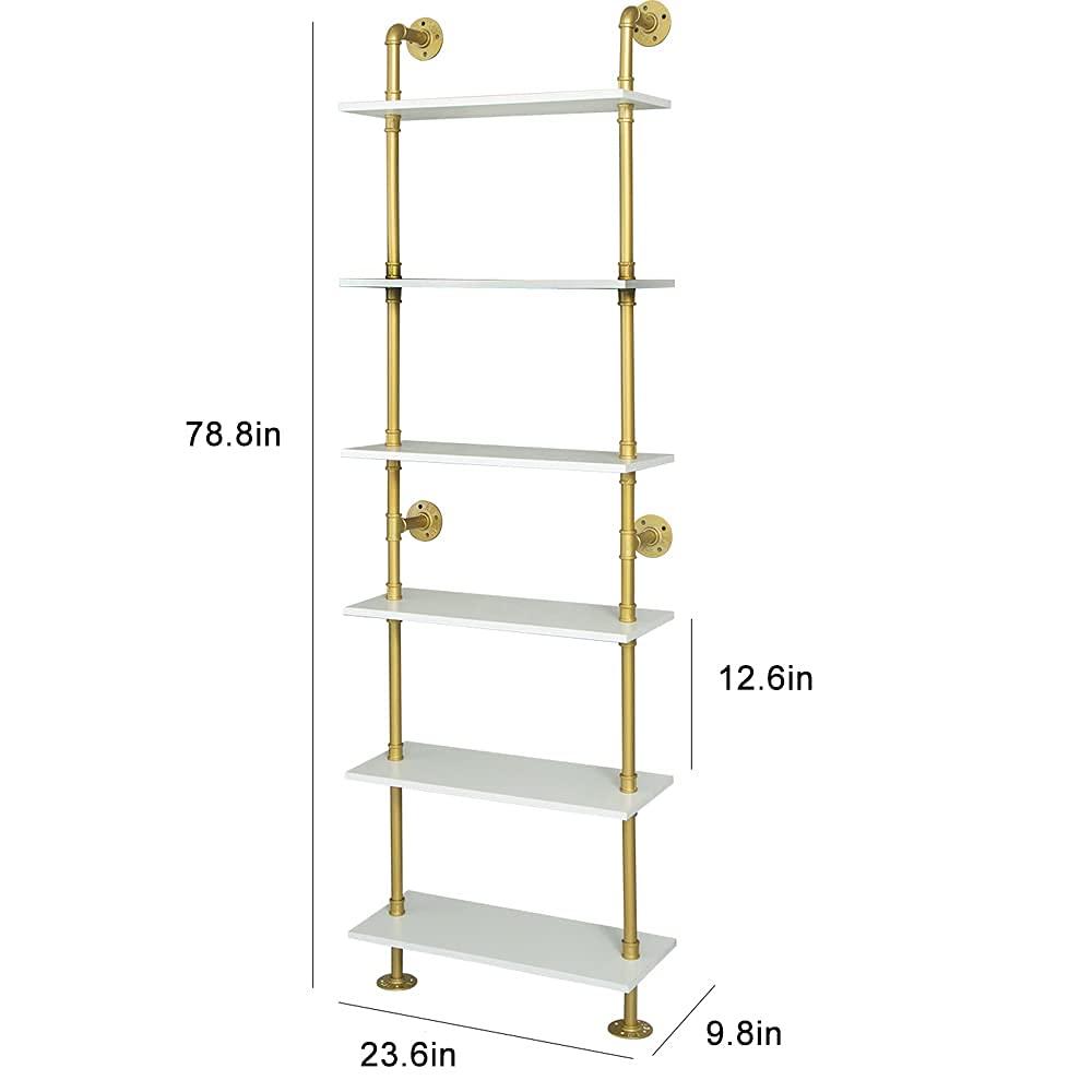 HEONITURE HEONITURE Industrial Gold Bookshelf-6 Tier Wall Mounted Ladder Bookshelf, Rustic Gold Storage Book Shelves Display Bookcases for Living Room/Home/Office