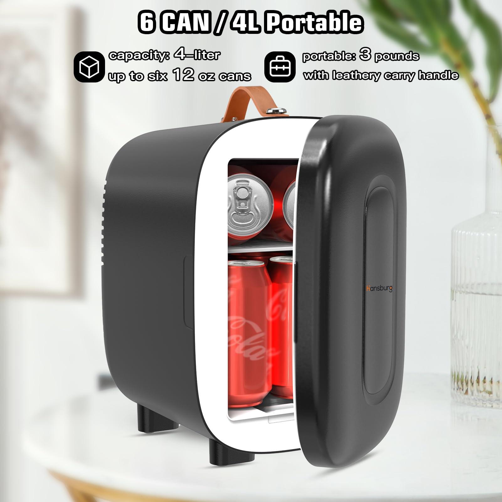 Hansburg Hansburg Mini Fridge for Bedroom Skincare Cooler & Warmer Portable Small Refrigerator 4 Liter/6 can with 12v AC/DC/USB Option for Food, Drinks, Makeup, Dorm, Office and Car