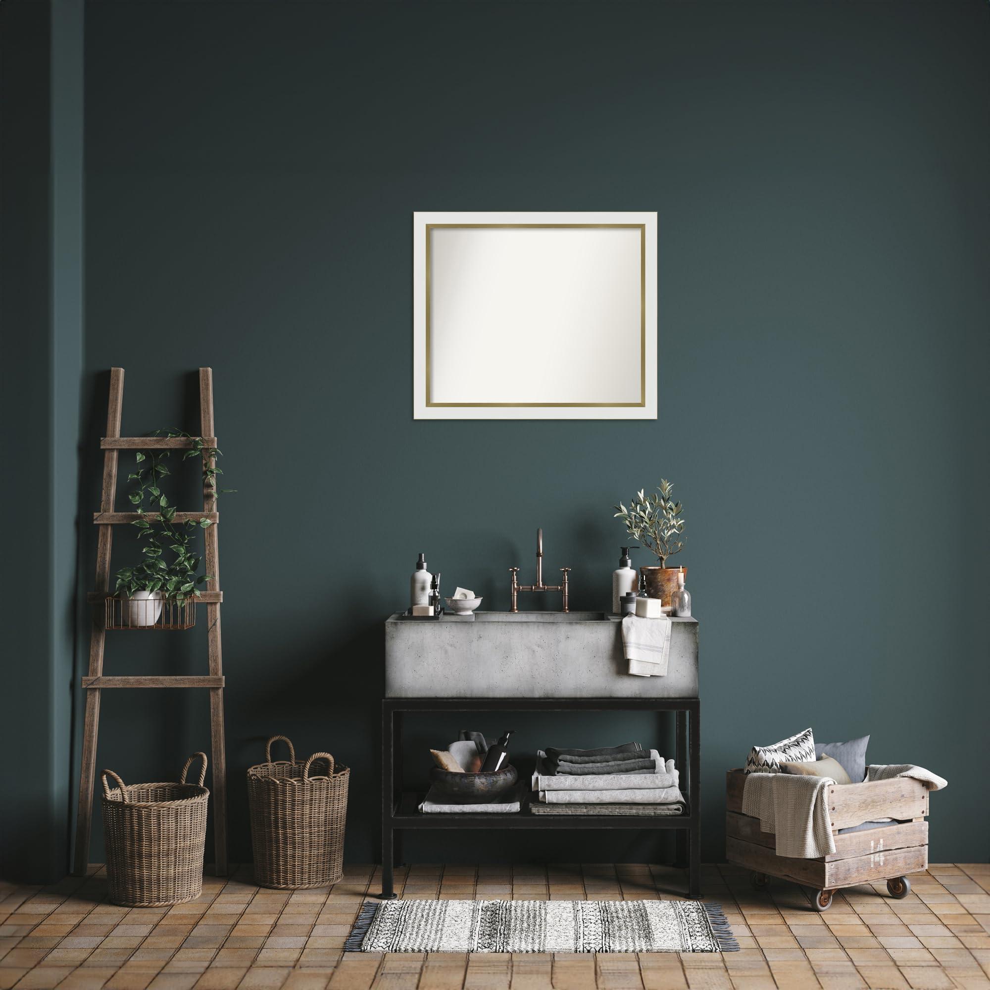 Amanti Art Amanti Art White Bathroom Mirror for Over Sink, 23x27 Custom Made Eva White Gold Narrow Rectangle Vanity Mirror, Medium Modern Wood Frame, Hangs Horizonally and Vertically, Wall Decor from WI, USA