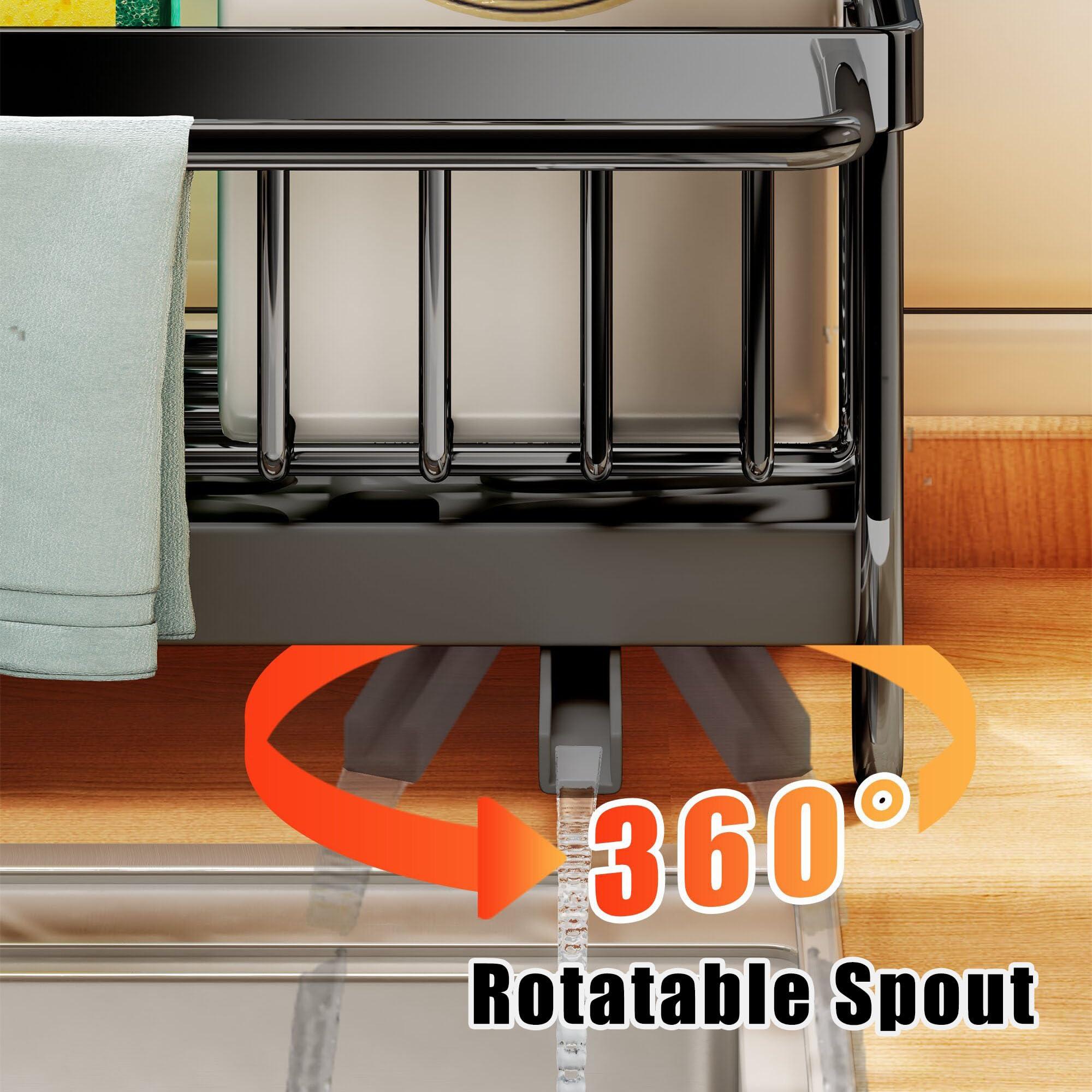 Biridict Sponge Holder for Kitchen Sink, Kitchen Sink Caddy, Dish Sponge Organizer with Divider, Dish Soap Dispenser Brush Holder Storage (Black Large)