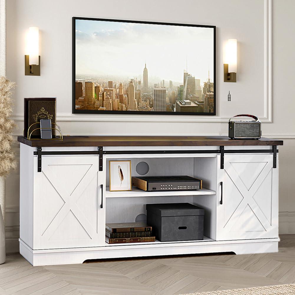 IDEALHOUSE IDEALHOUSE Farmhouse TV Stand, Entertainment Center for 65 Inch TV Media Console Cabinet, Barn Doors TV Stand with Storage and Shelves, Modern TV Console Table Furniture for Livingroom (White)