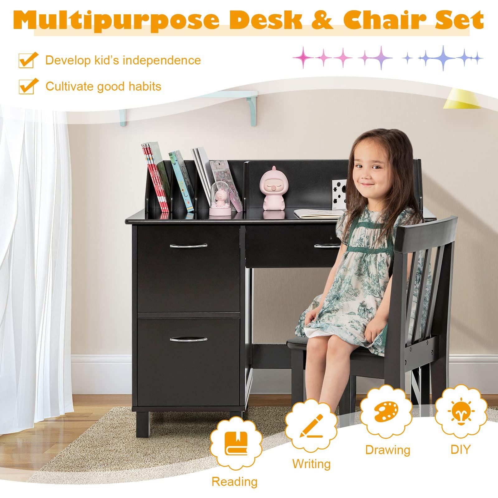 Costzon Costzon Kids Desk and Chair Set, Wooden Children School Desk with Hutch, Storage Drawer, Cabinets, Student Writing Desk for 3-8 Years Old, Kids Study Desk for Bedroom, Study Room (Dark Brown)