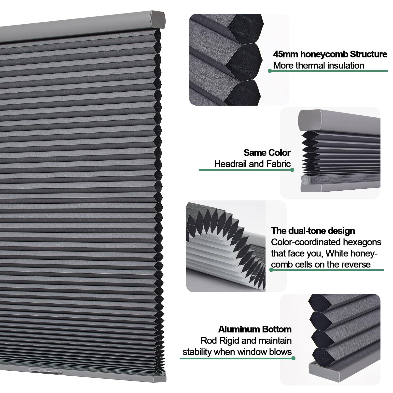 Tonature Toanture Custom Cordless Cellular Blinds, Easy to Install Blackout Honeycomb Window Blinds for Shades, Thermal Insulated 1.8" Single Cell Honeycomb Blinds for Bedroom, Office(Dark Grey,83" W x 72" H)