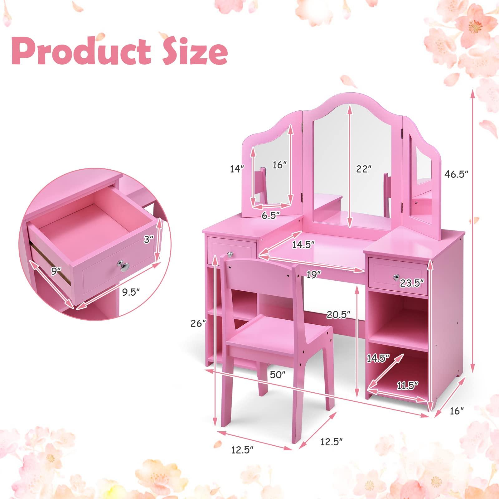 AKUSTIK AKUSTIK Kids Vanity, 2 in 1 Wooden Princess Makeup Table and Chair for Toddlers with Tri-Folding Detachable Mirror, Storage Drawers for Little Girls, Pretend Beauty Dressing Desk Play Set Toy Gift