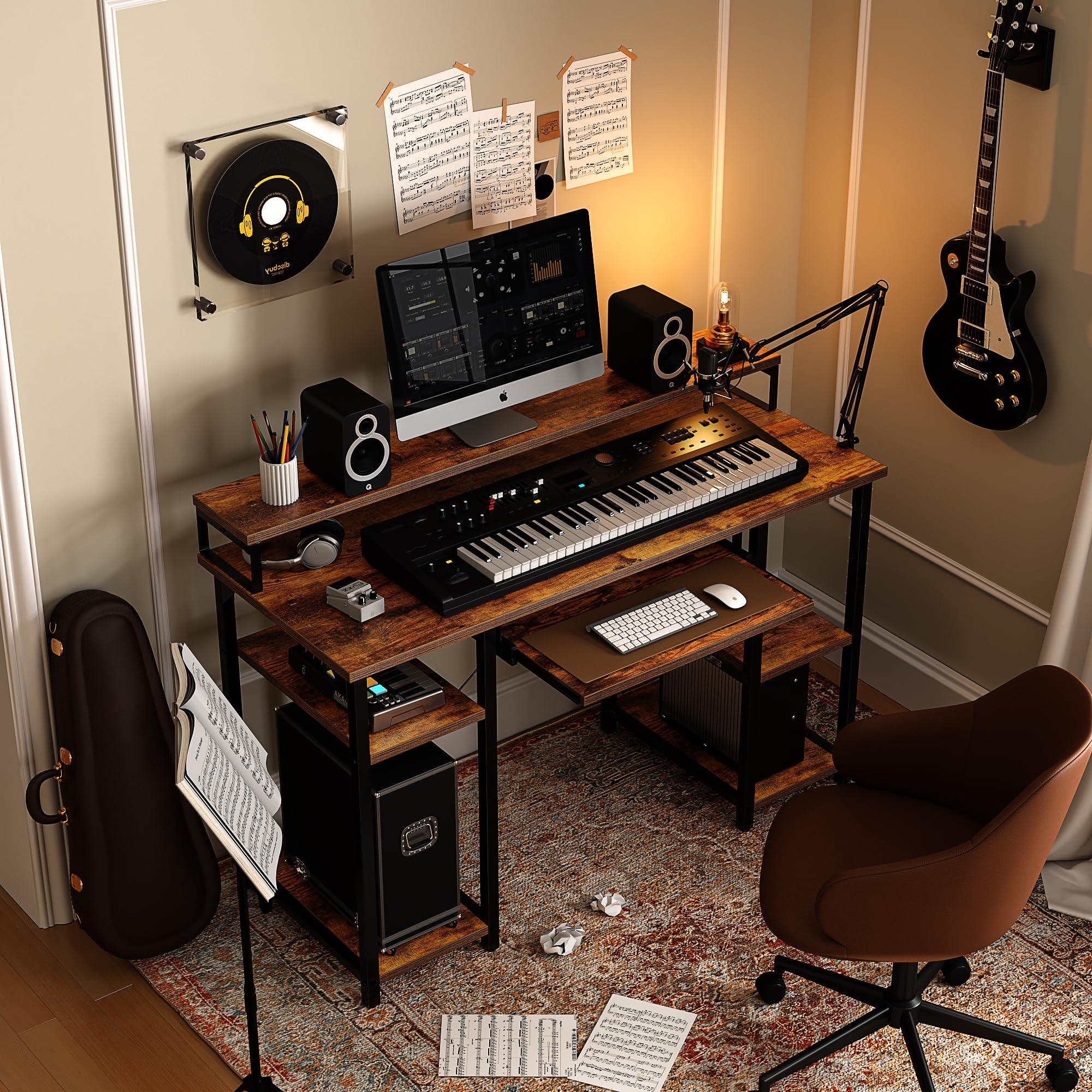 CubiCubi CubiCubi Computer Desk with Keyboard Tray, 47 Inch Office Desk with Monitor Stand and Storage Shelves, Music Studio Desk Workstation, Work Table for Home Office, Rustic Brown
