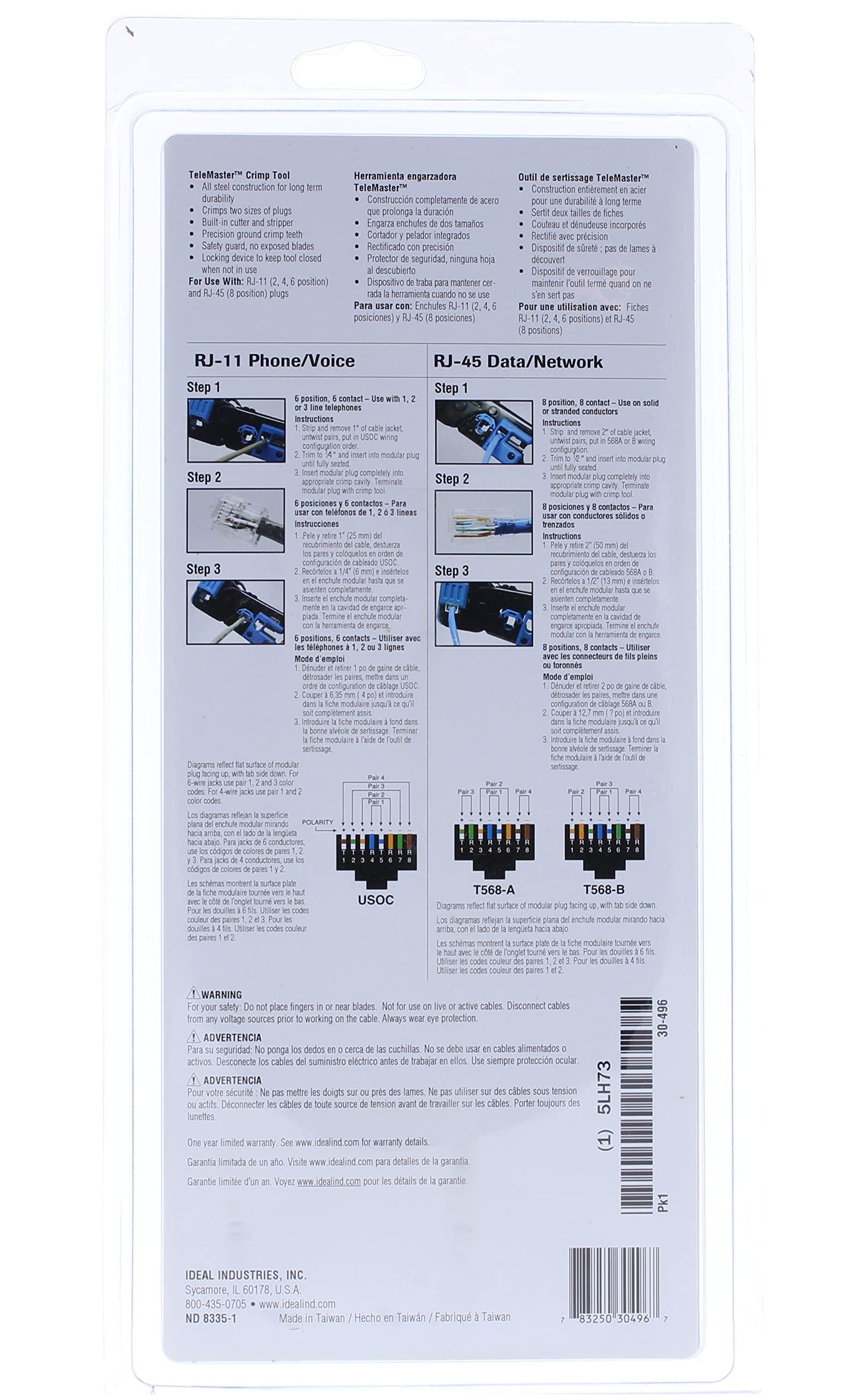 Ideal Industries IDEAL Electrical 30-496 Telemaster Modular Plug Crimp Tool, Crimping Tool for CAT5e/6 RJ-45 (8P8C)/RJ-11/12 (6P6C/6P4C) Modular Plugs