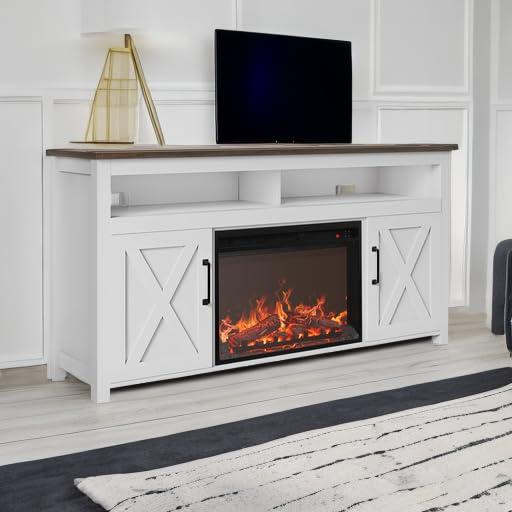 BELLEZE BELLEZE 58" Farmhouse Fireplace TV Stand for TVs up to 65", 23" Electric Fireplace Heater with Sound, Entertainment Center Media Console Table Barn Door Storage Cabinets for Living Room - White