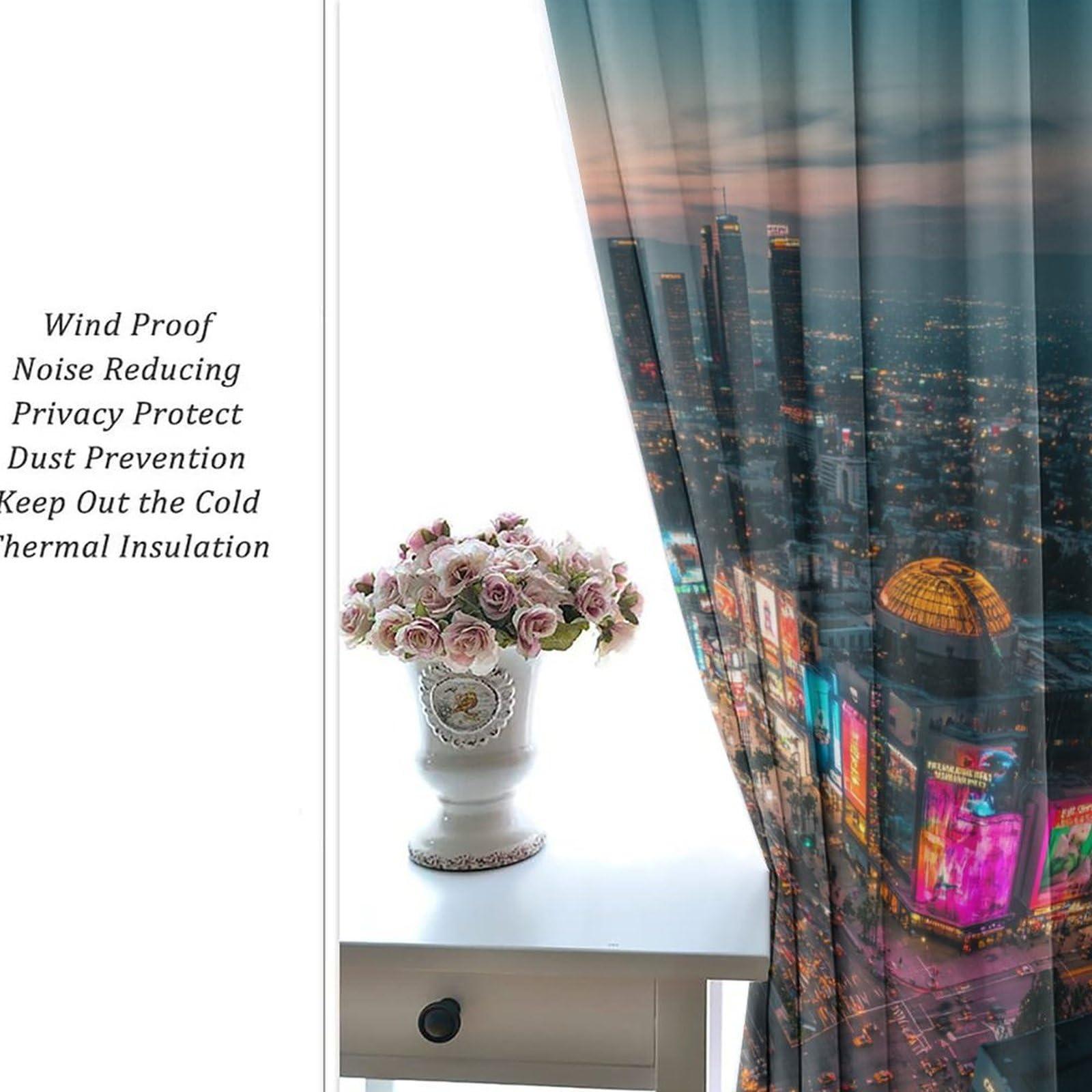 HDESDIS HDESDIS Skyline Urban Sunset Grommet Blackout Curtains for Bedroom, Night Lights Scenic Cityscape Thermal Insulated Curtains Room Darkening Window Drapes, 21W x 63L, 2 Panels