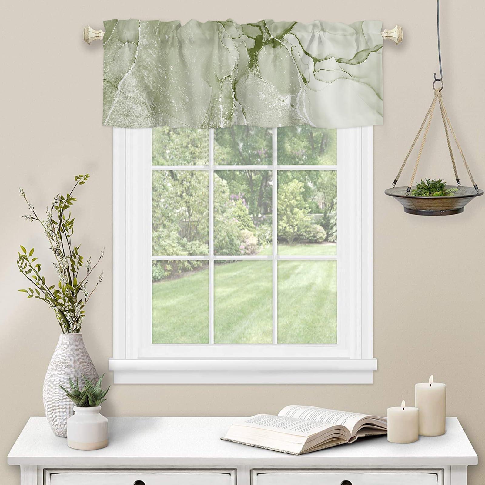 SODIKA SODIKA Sage Green Marble Valance for Windows Kitchen Living Room Valances Rod Pocket Bathroom Small Window Treatment Abstract Chic Elegant Watercolor Curtain 1 Panel, 54 x 18 Inch