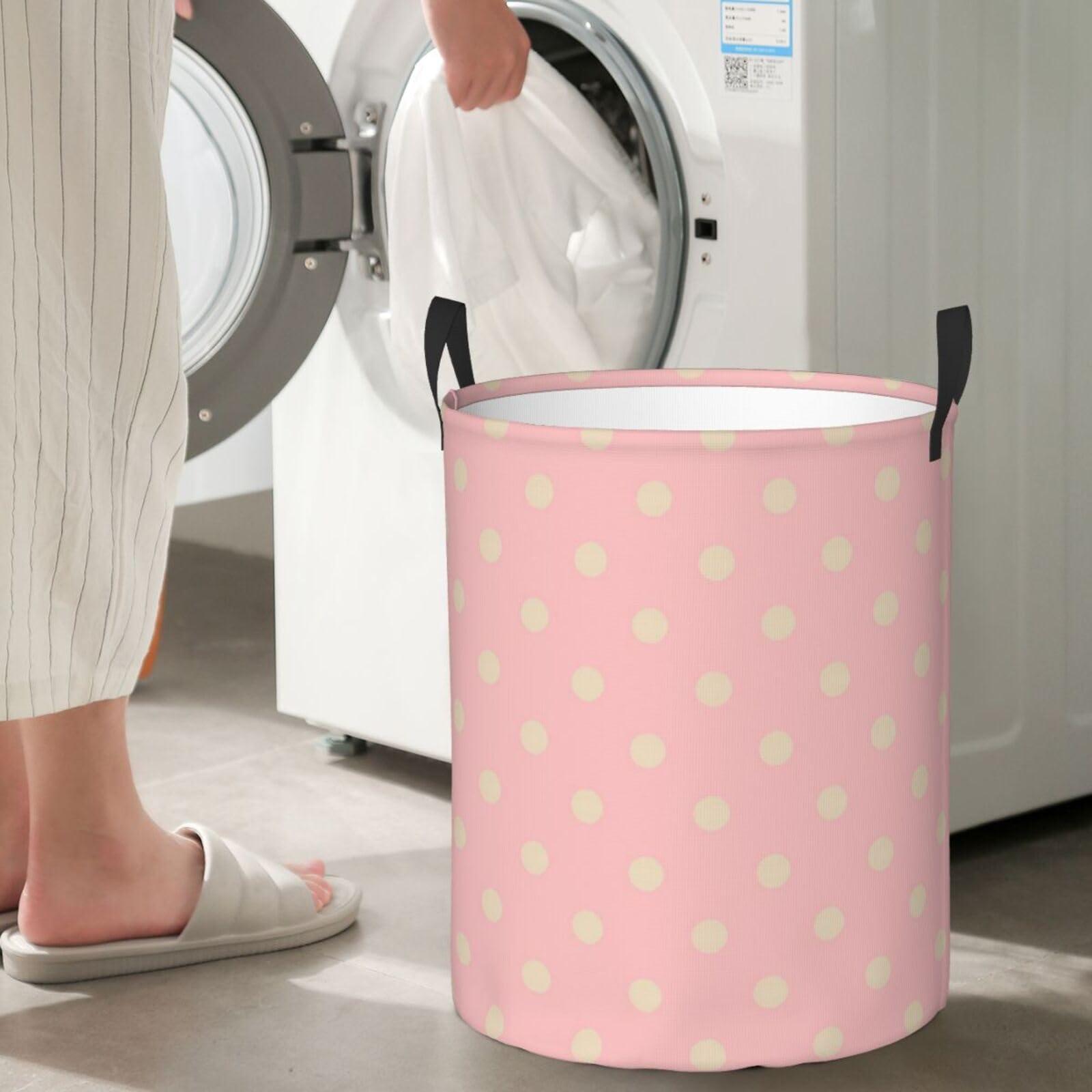 EdNeY Retro Beige Polka Dot Pink Laundry Hamper with Durable Handle Waterproof Foldable Laundry Basket Circular Dirty Clothes Storage Basket for Home Bathroom Office Nursery