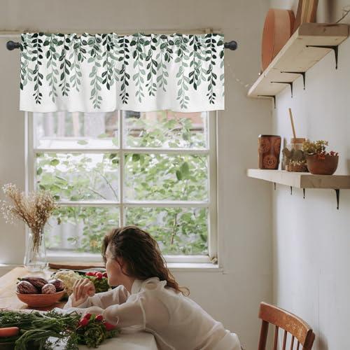 Onekaccu Onekaccu Kitchen Curtains Valances for Windows, Sage Green Leaves Valance Curtains Rod Pocket Short Curtains for Living Room Bedroom Small Window Treatment Seaonal Botanical Silhouette 60\"x18\"