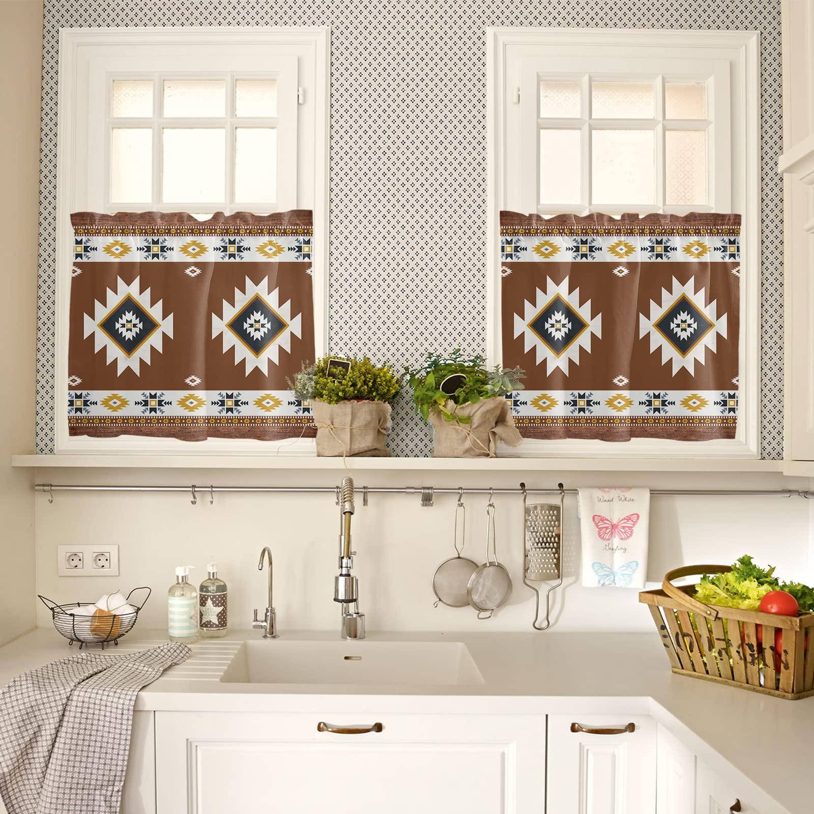 LEOKOTI Kitchen Curtains Tiers and Valances Set, Southwest Rod Pocket Kitchen Curtains Set - Tier Curtains 36 Inch, Western Brown Yellow Geometric Abstract Art Wooden Valances for Window Living Room/Bedroom