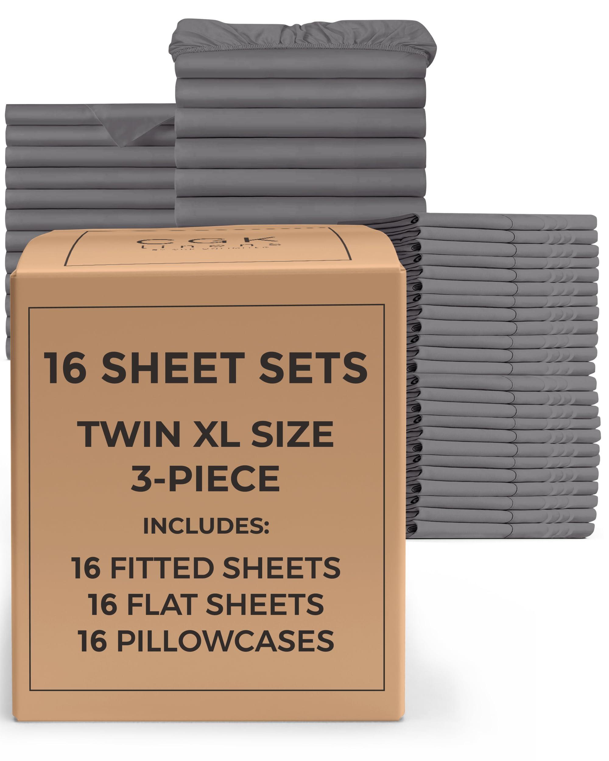 CGK Unlimited Bulk Case Pack of 16 Complete Sheet Sets - Twin XL Bed Sheet Sets - Wholesale Sheets for Hotels & Airbnbs - Exceptional Value - Dark Grey