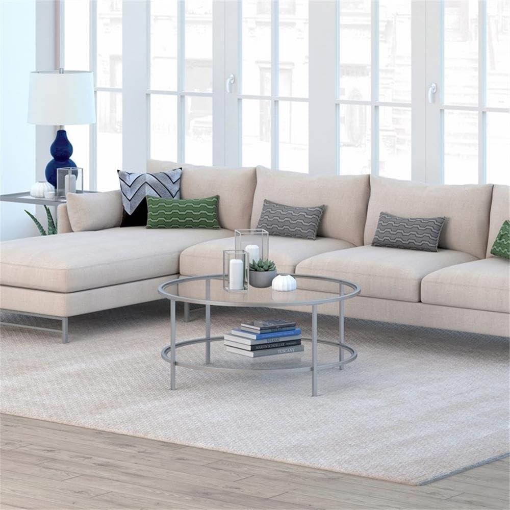 Henn&Hart Henn&Hart 36\" Wide Round Round Coffee Table with Glass Top in Nickel, Modern Round Coffee Tables for living room, studio apartment essentials
