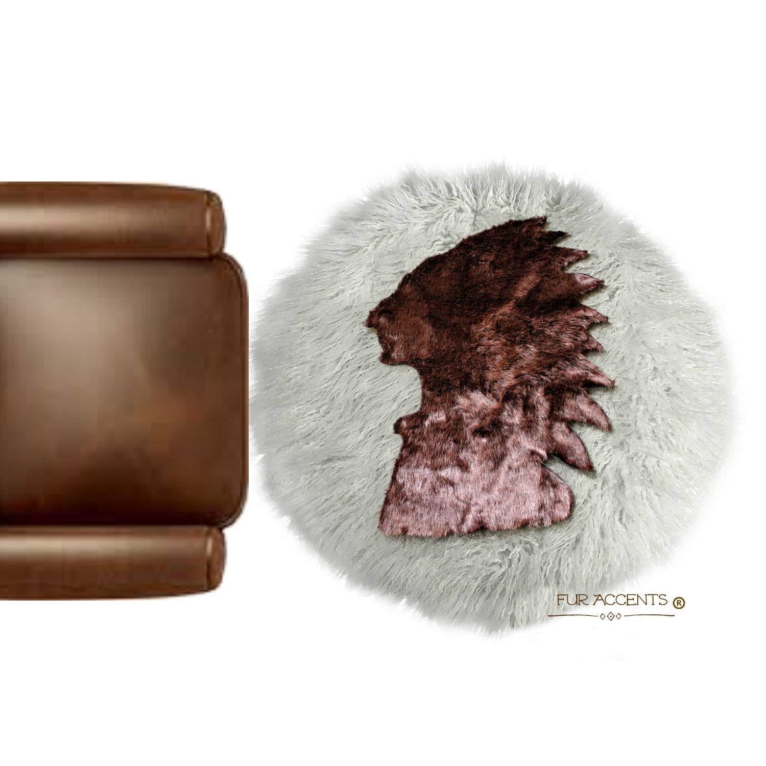 Fur Accents Indian Head Faux Fur Shag Area Rug Sheepskin Bear Skin Rug Fur Accents Art Rug Carpet (8' Round, Brown on Tan)