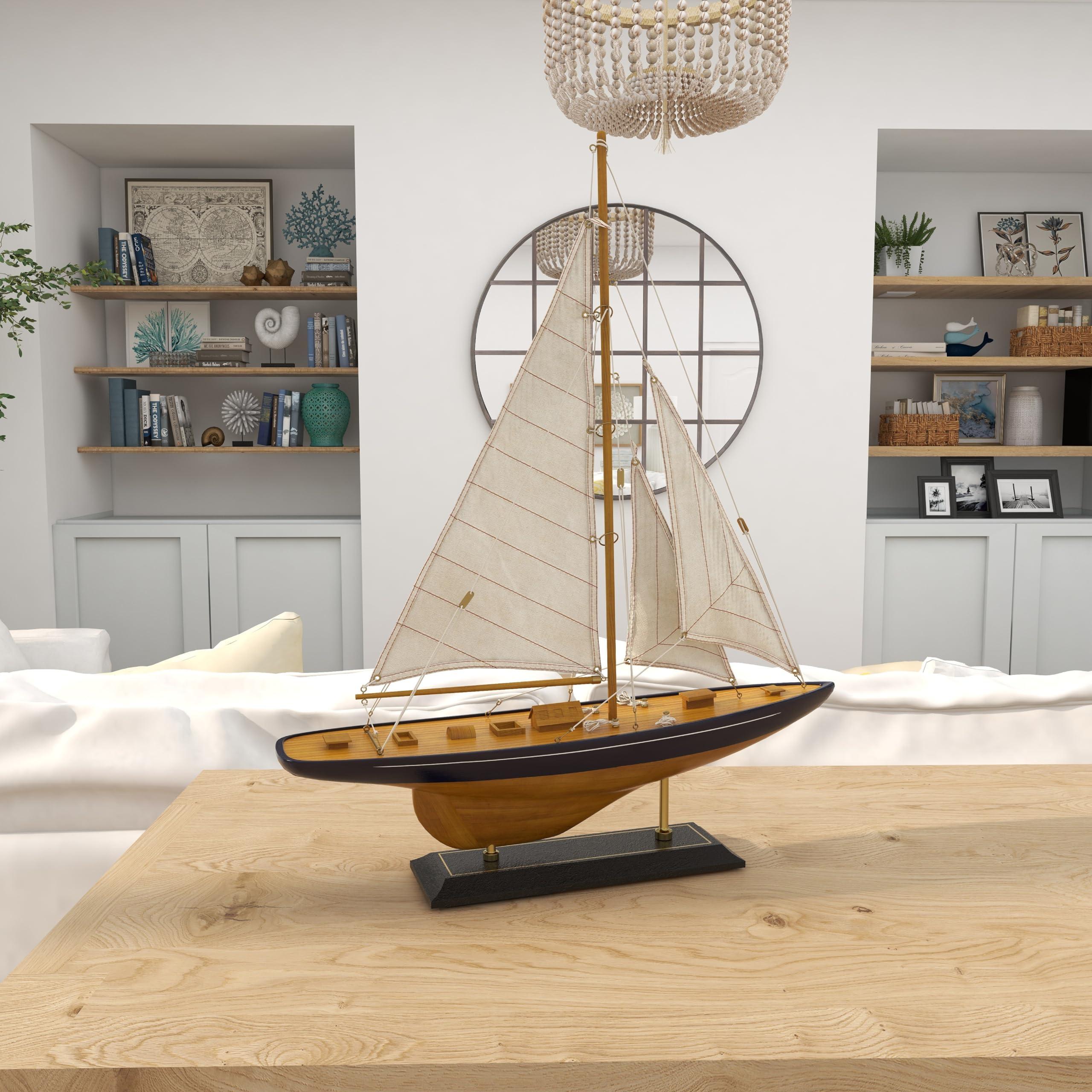Deco 79 Deco 79 Wood Sail Boat Decorative Sculpture Home Decor Statue with Beige and Navy Accents and Lifelike Rigging, Accent Figurine 17\" x 4\" x 21\", Brown