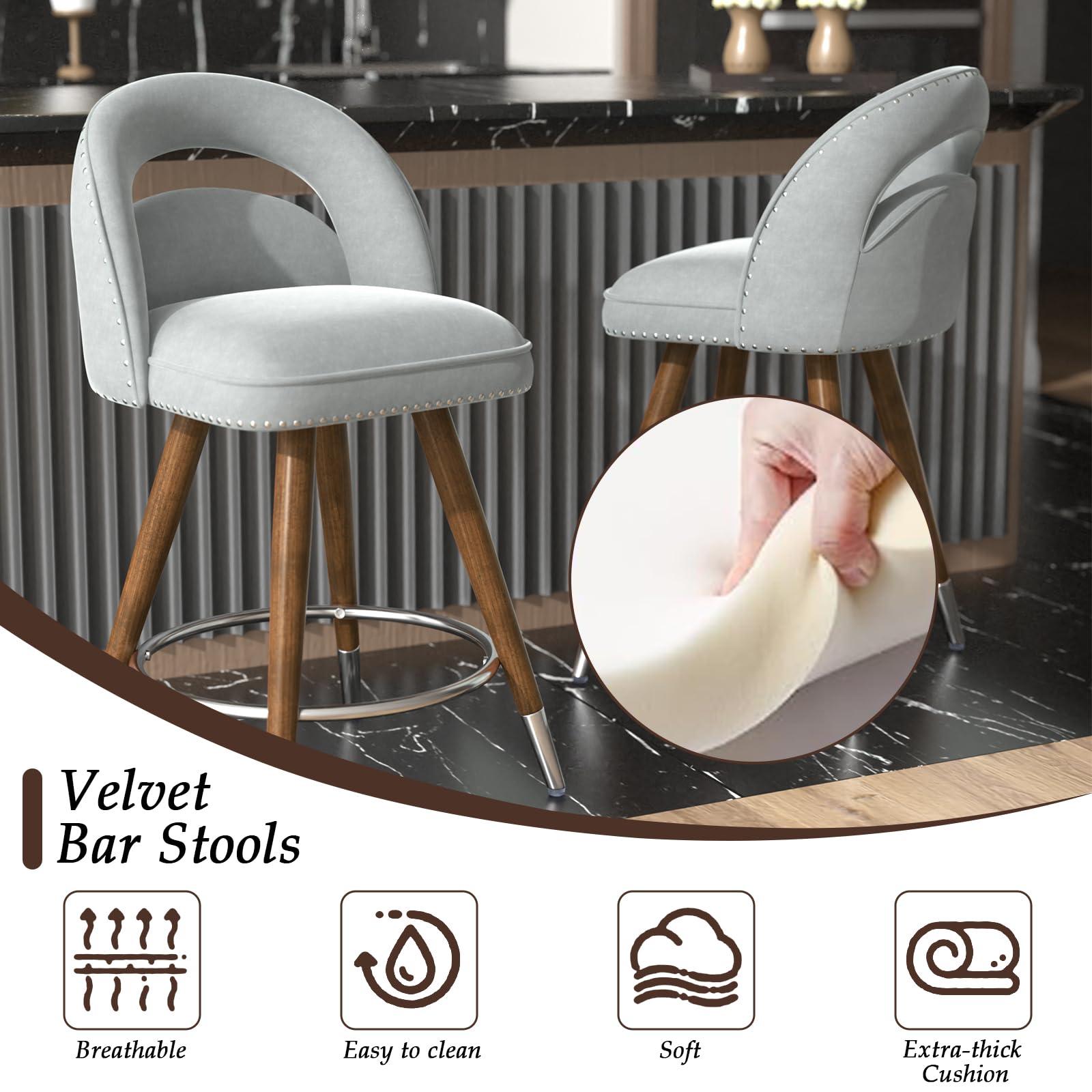 GYI GYI Counter Height Bar Stools Set of 2, 24 Inch Swivel Velvet Counter Stools with Backs, Solid Wood Legs for Kitchen Island, Velvet in Light Grey