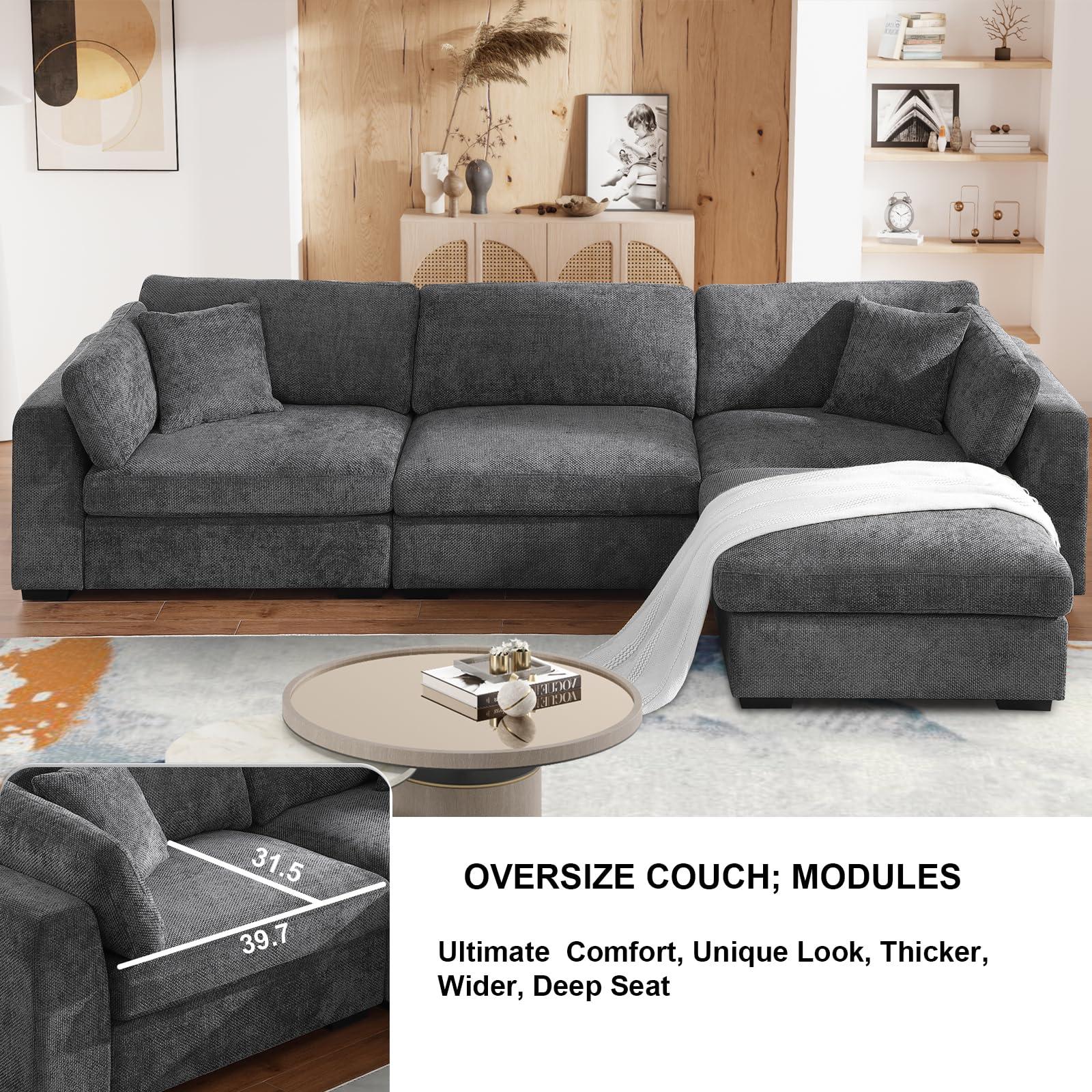 Flesser Deep Sectional Sofa 3 Seater Cloud Couch with Ottoman, 132" Modular Couch with Deep Seat, Oversized Chenille Big Sofa for Living Room, Apartment, with Pillows(Dark Grey)