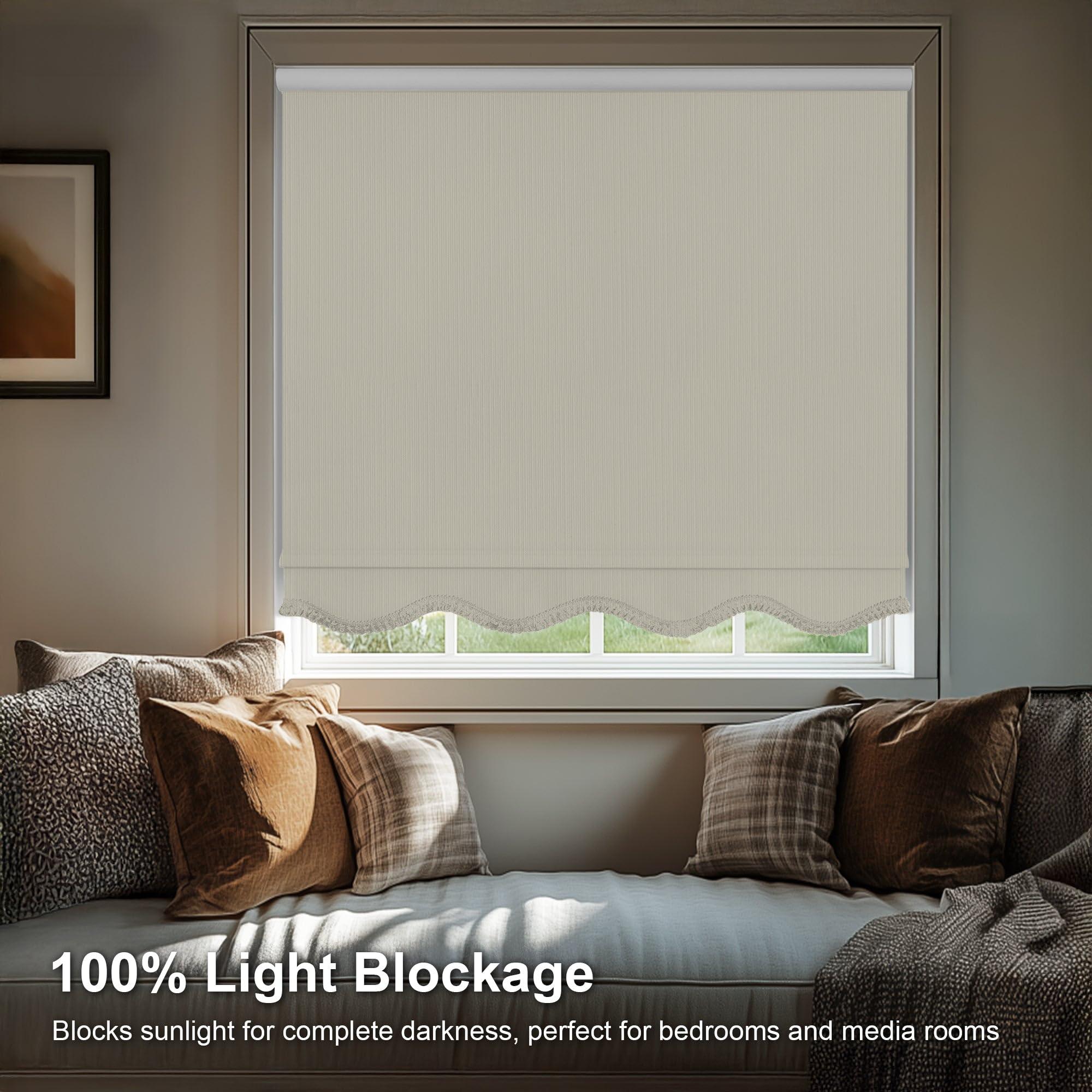 CHICOLOGY CHICOLOGY Blackout Custom Roller Shades, Cordless Blinds, Window Shades for Home, Roller Window Shades,Window Treatments, Door Blinds, Blackout Shades, Ivory Textured (Fringe), 71.5" W X 64" H