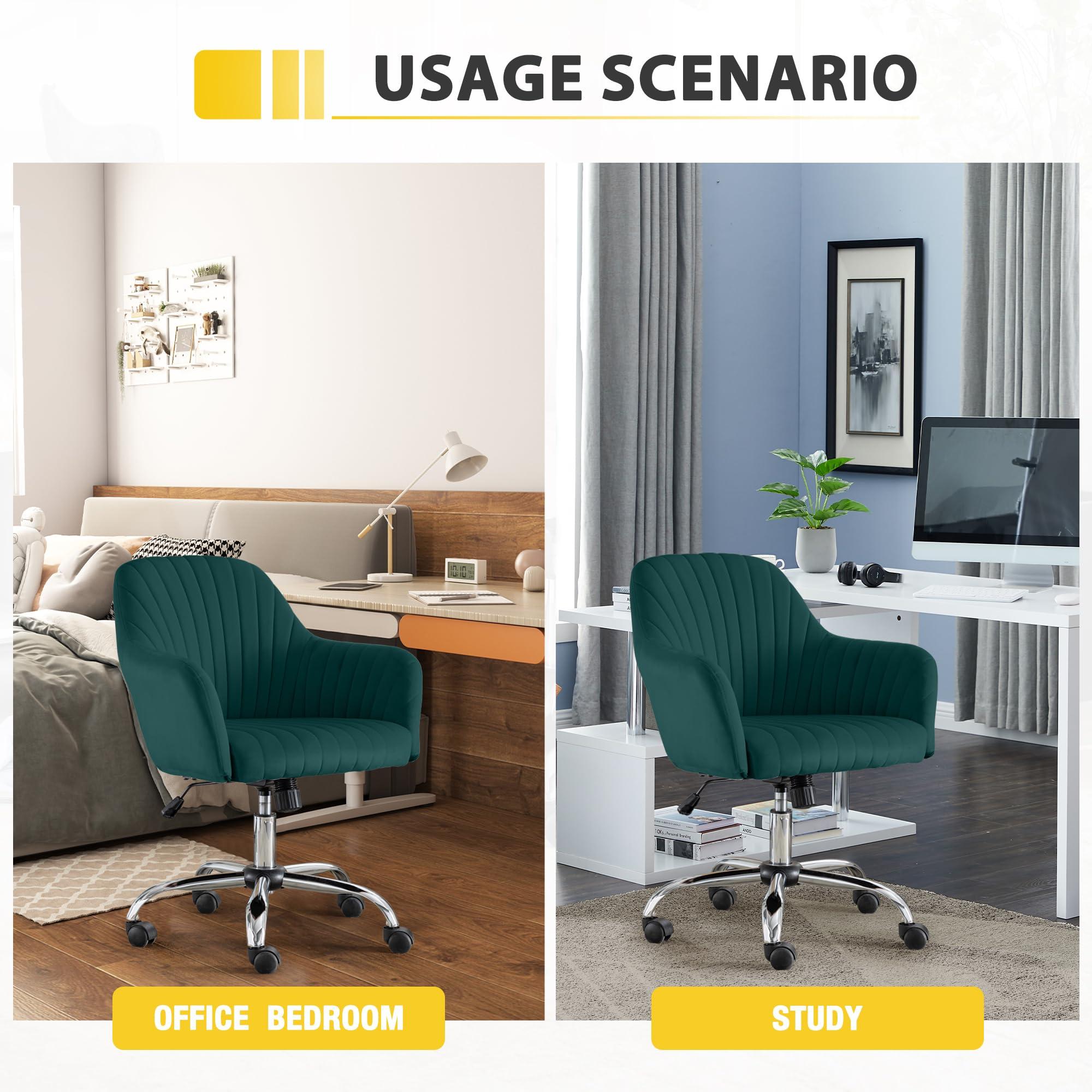 Gustonhon Gustonhon Home Office Desk Chair,Vanity Chair Modern Velvet Adjustable Low Back Rolling Chair Twill Upholstered Cute Decorative Chair,Desk Chairs with Wheels for Bedroom,Vanity Room,Classroom (Green)
