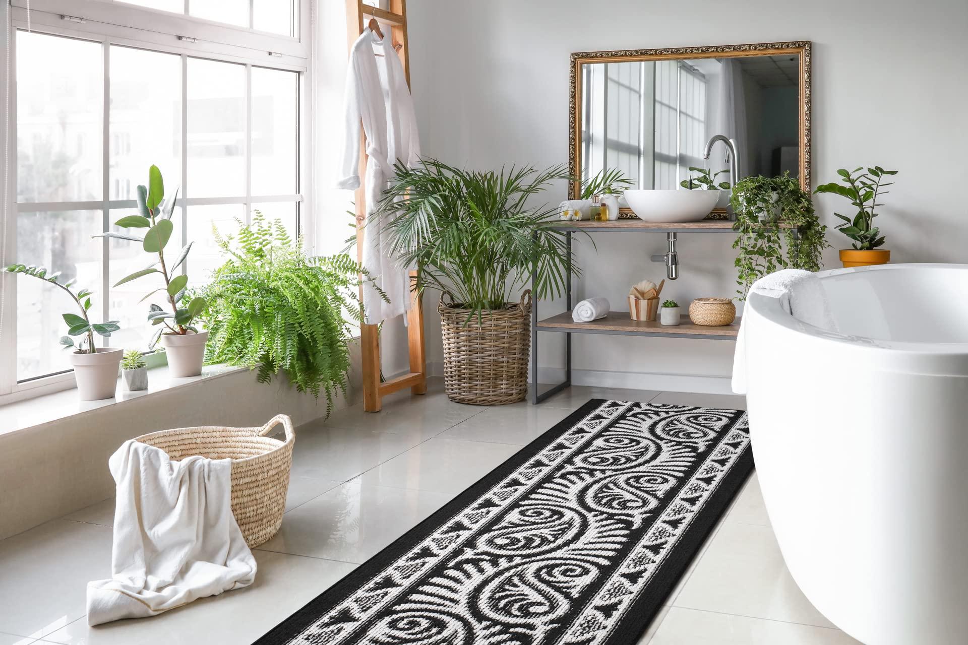 REMNAZ HOME DECOR Custom Length Cut to Size Tribal Ethnic Southwestern Inspired Hallway Runner Rug, Non Slip Rubber Backed, 31 inch Wide X Customized Length, Mayan Black, 31 inch X 24 feet