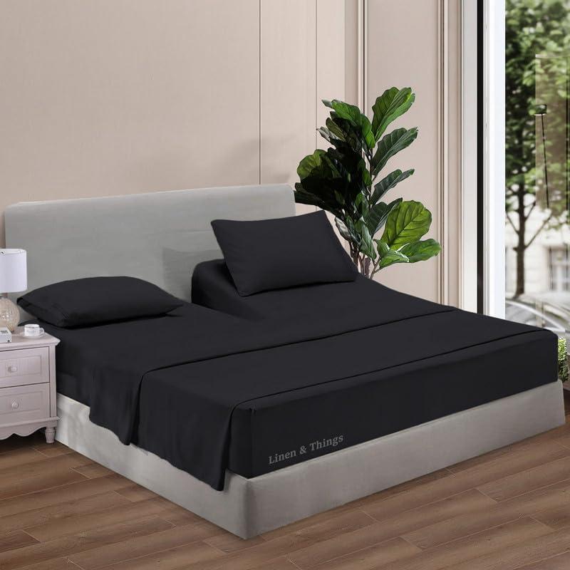 SmartSF Split Top California King Bed Sheet Set with 32" Split from The Split Head - 800TC Split Head Flex Top 15" Deep Pocket (Black Solid, Top Split Cal-King)